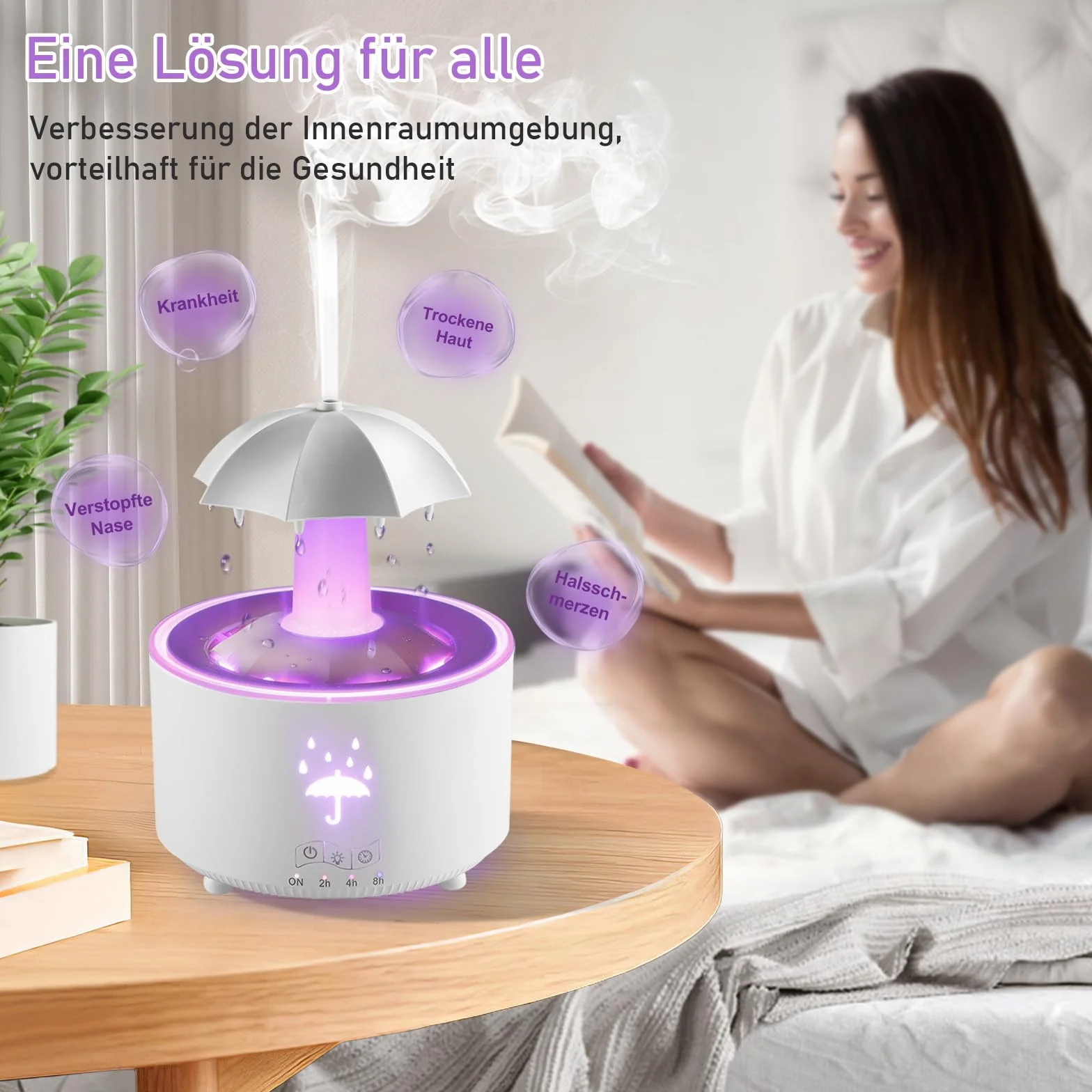 Justup Parasolowy nawilżacz powietrza, obracający się 7 kolorów LED do aromaterapii, duża pojemność 300 ml, nawilżacz z pilotem zdalnego sterowania (biały)