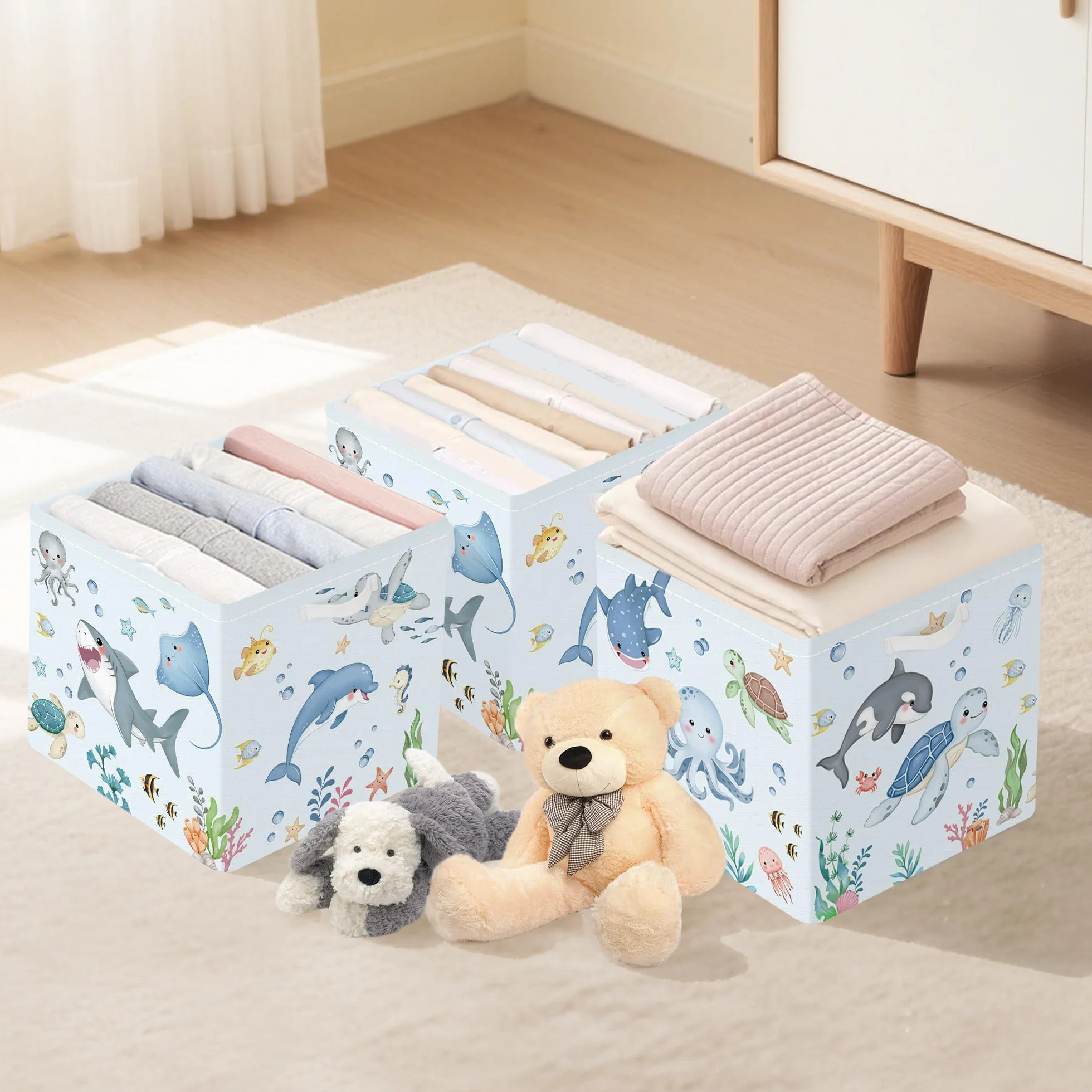 Clastyle 3 szt. Ocean Animals Cube Storage Box Składane pudełko Kallax na półki Rodzice Kosze do przechowywania na książki Ubrania Organizator Zabawek, Wieloryb, 30 x 30 x 30 cm