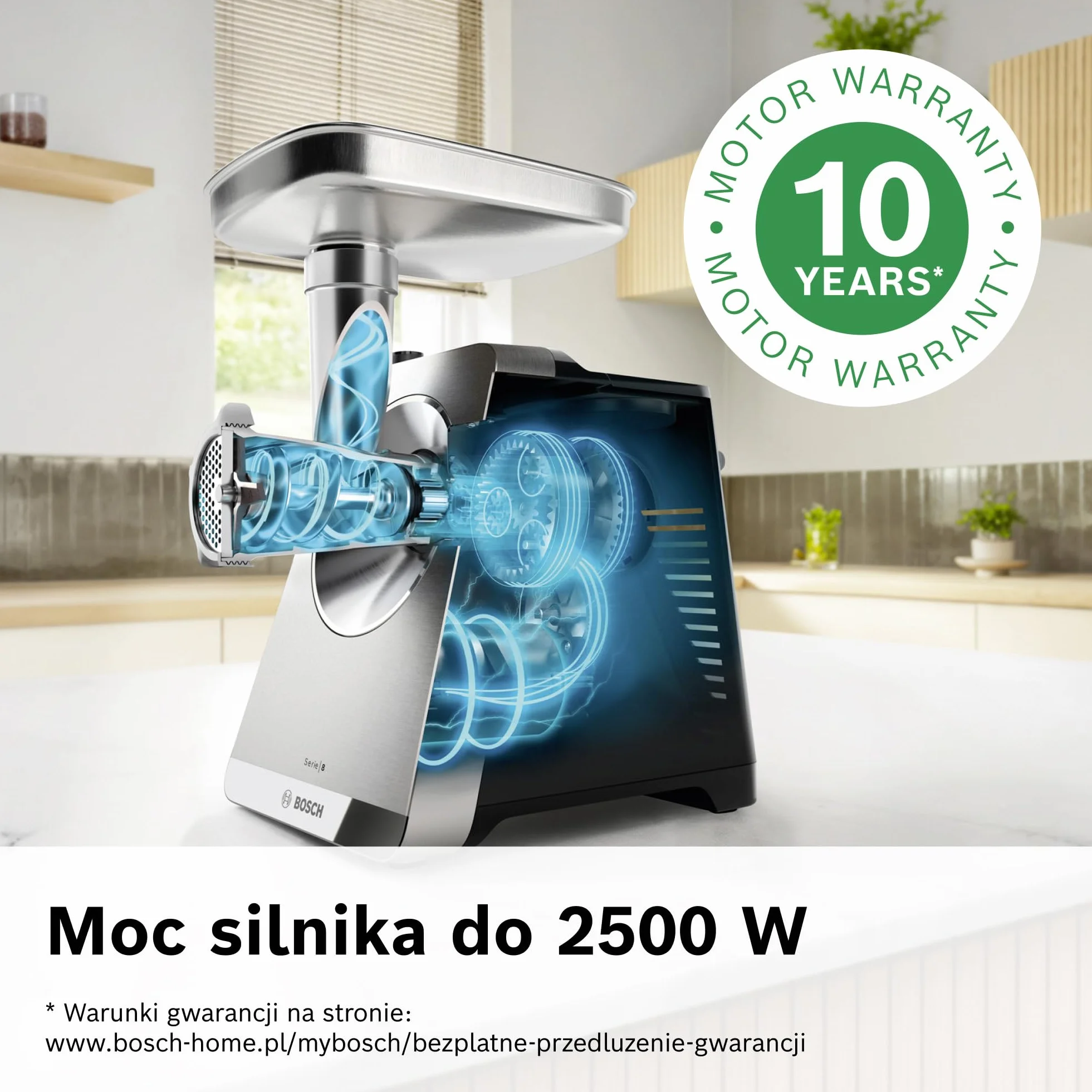 Bosch MultiPower Serie 8, maszynka do mielenia mięsa, moc blokowania silnika do 2500 W, młynek do mięsa, szatkownica, nasadka do kiełbas i kebbe, czarna, MFWS840M