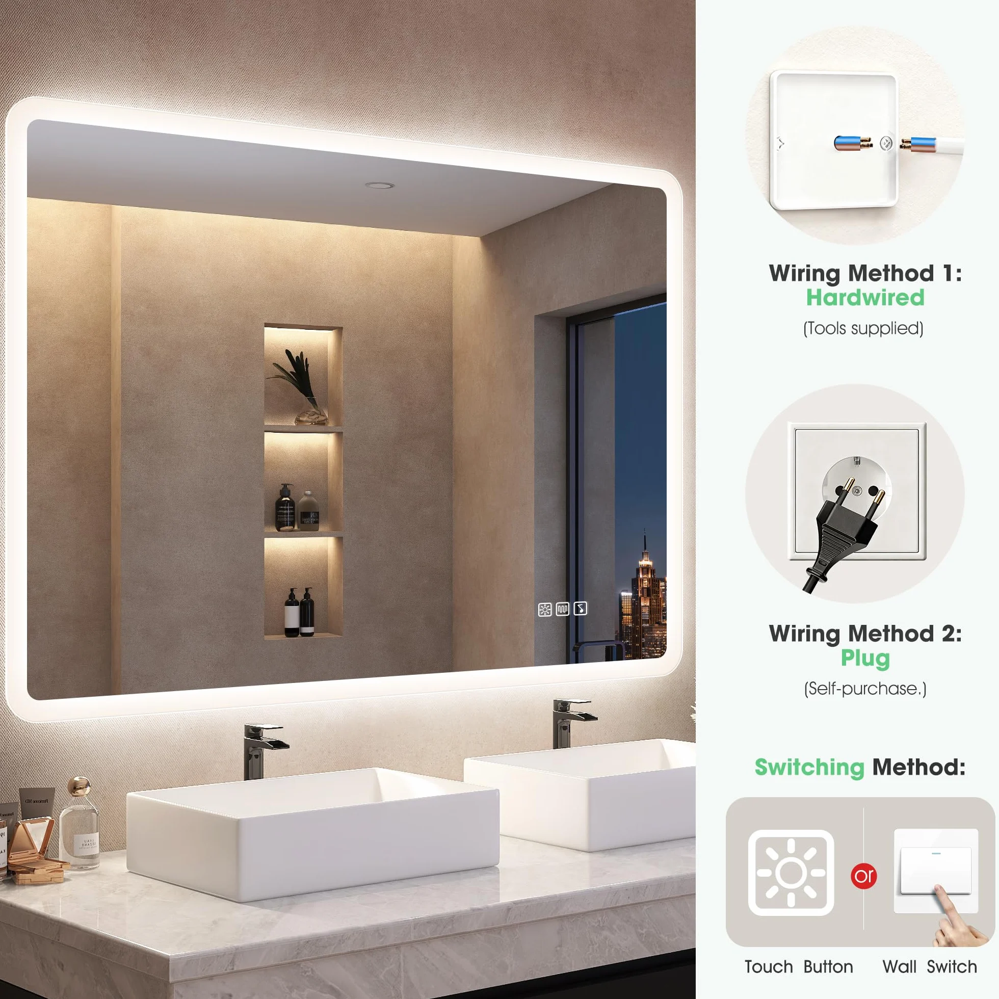 S'bagno Lustro łazienkowe z oświetleniem LED, 120 x 70 cm, z oświetleniem, Bluetooth, detekcja, 3 kolory, możliwość ściemniania, funkcja pamięci, szkło hartowane, wodoszczelność IP44, poziome/pionowe