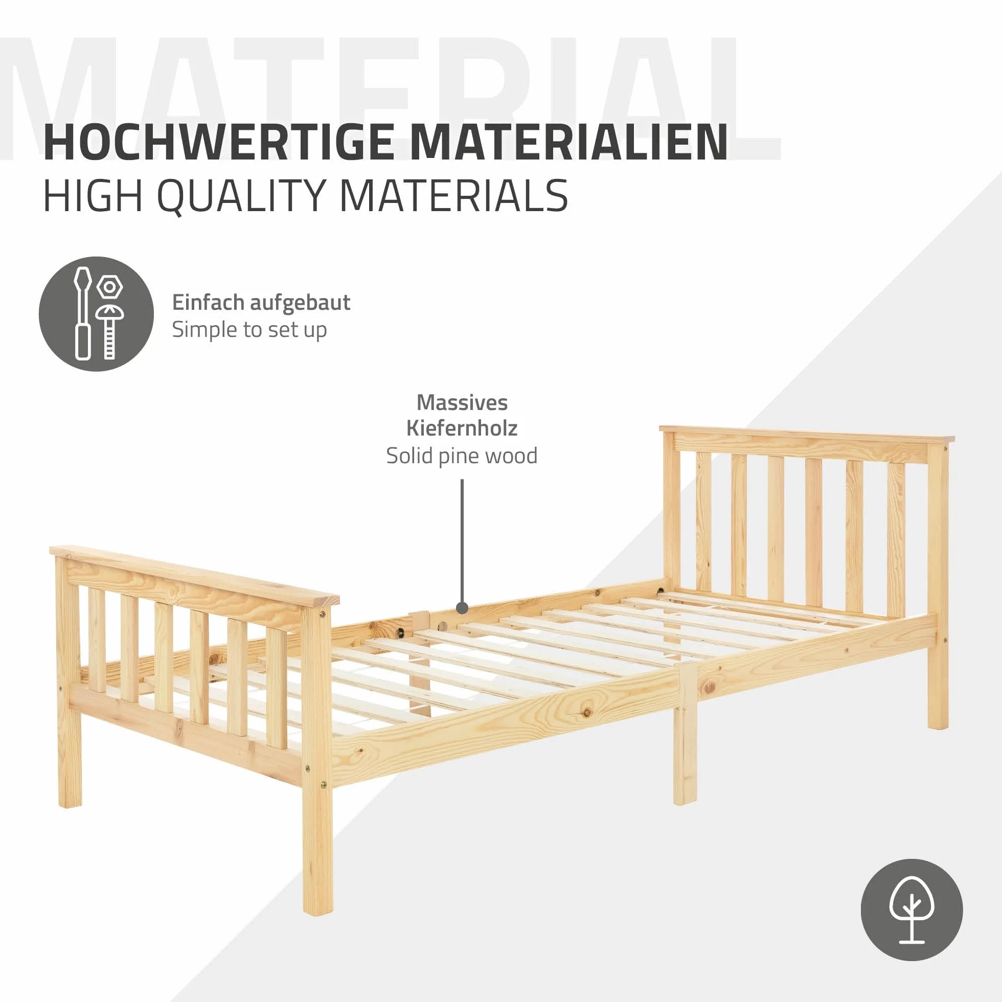Łóżko drewniane ML-Design 90x200 cm Natural z materacem H:16cm, drewno sosnowe, lite drewno z listwową ramą i nogami, pojedyncze z wezgłowiem i podnóżkiem