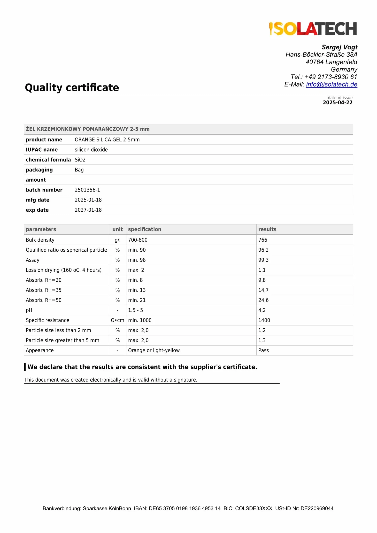 ISOLATECH Silica Gel, regenerujący środek osuszający, Żel krzemionkowy, pomarańczowy, worek 0,5 kg, Silicagel osuszacz, Nadaje się jako suszarka do filamentu