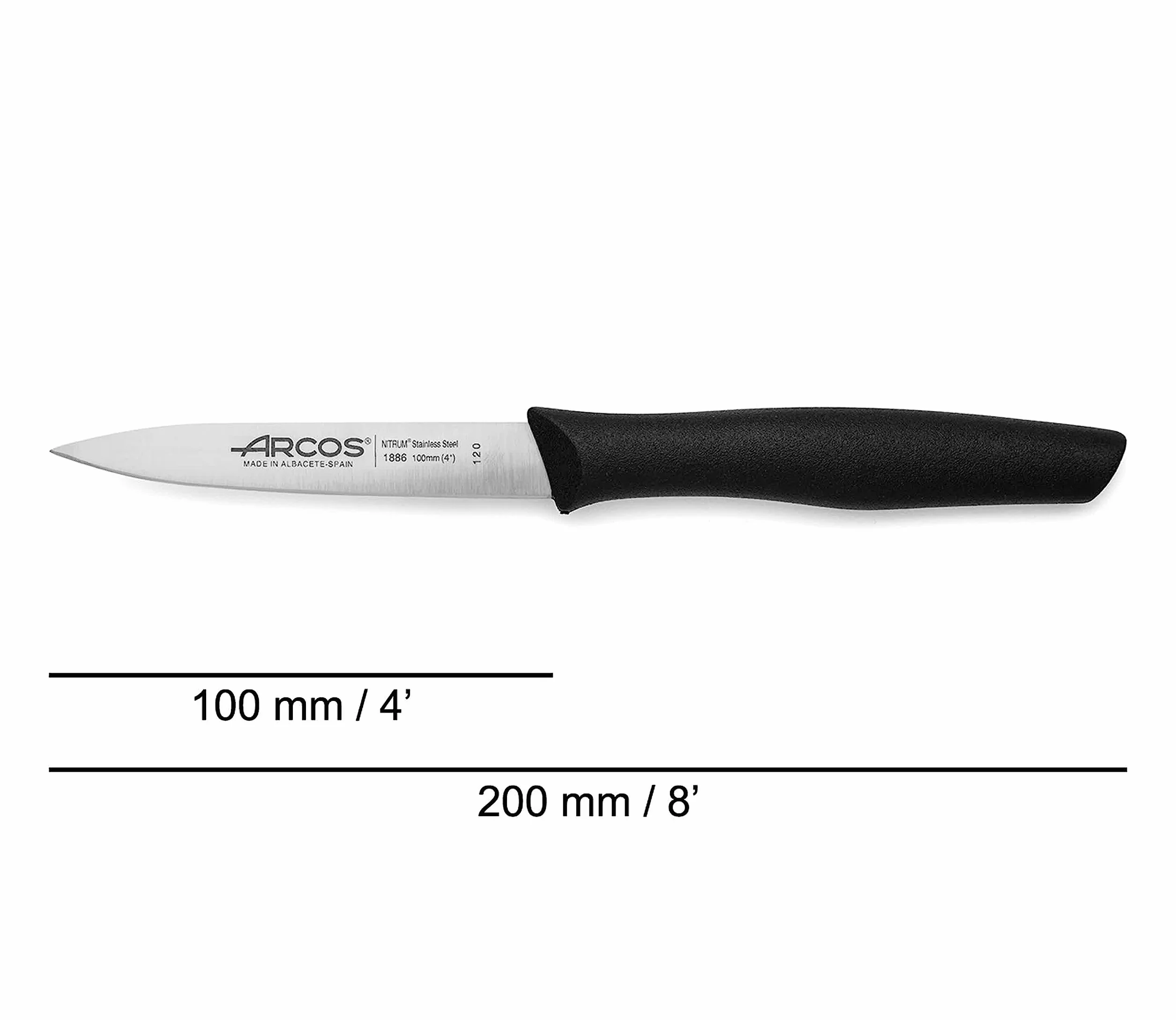 Arcos 6-częściowy zestaw noży do obierania 10 cm. 6 noży do obierania ze stali nierdzewnej z ergonomicznym uchwytem z polipropylenu do krojenia owoców, warzyw i bulw. Seria Nova. Kolor czarny