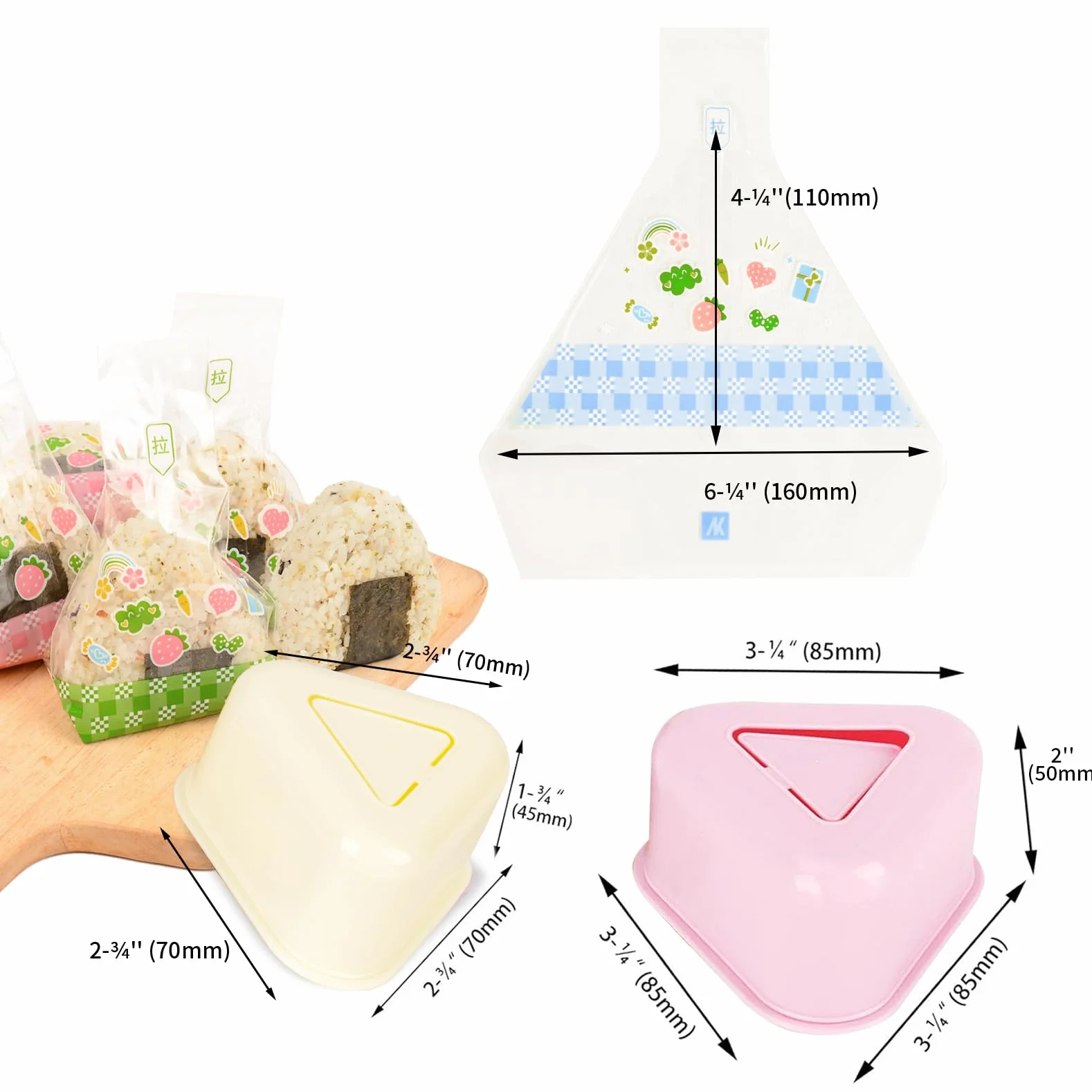 Zestaw form do ryżu, DIY Sushi Maker, 2 formy Onigiri + 100 jednorazowych opakowań i taśmy uszczelniające Onigiri
