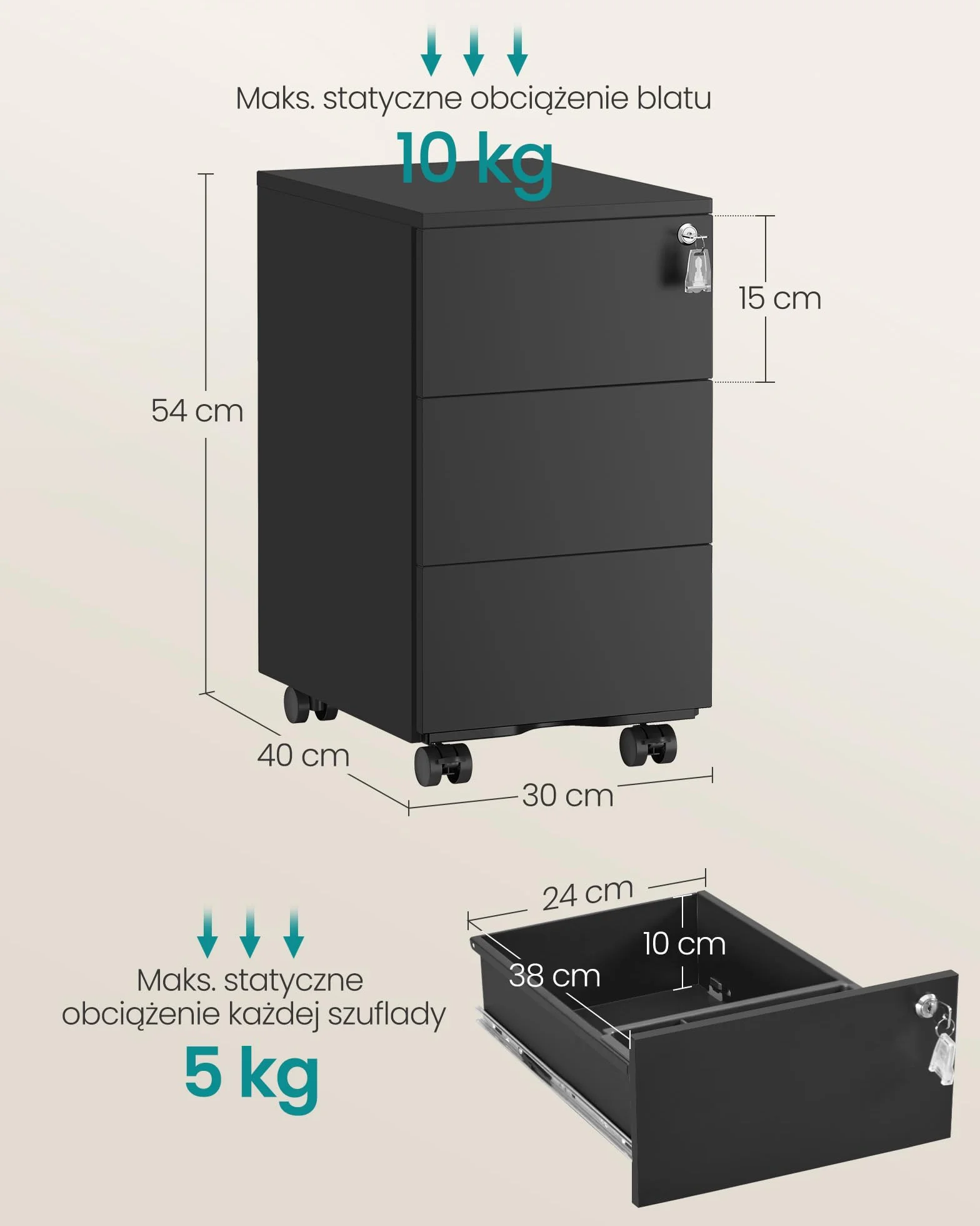 SONGMICS Szafka z szufladami, Mobilna szafka na dokumenty, Szafka metalowa, Stół pod drukarkę, Zamykana, 3 szuflady, Wstępnie zmontowana, Biuro, Biuro domowe, 40 x 30 x 54 cm, Matowa czerń OFC079B01