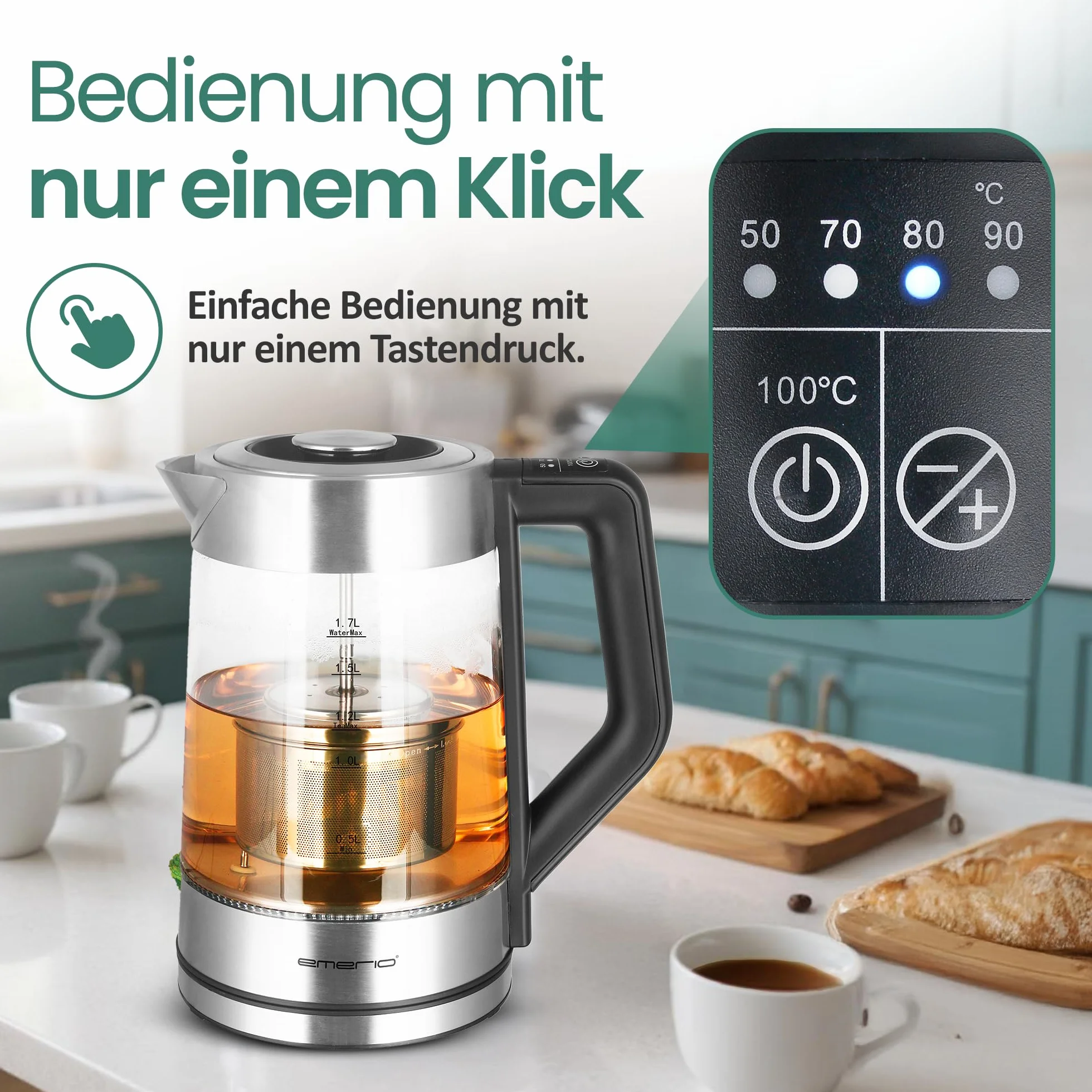 Emerio WK-122730 szklany zaparzacz do herbaty z wyborem temperatury 50-100°C, czajnik, sitko ze stali nierdzewnej, szkło borokrzemowe, BPA free