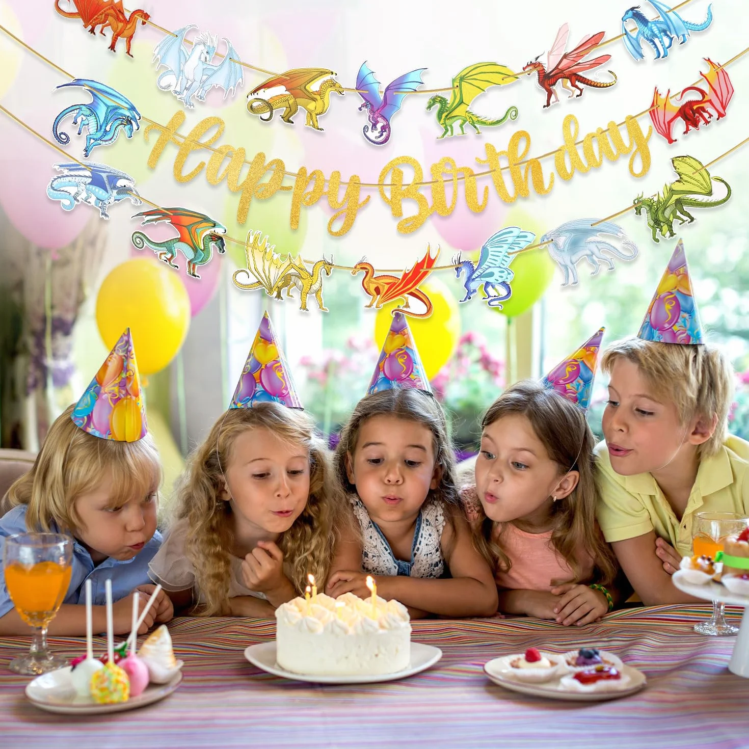 Baner Urodzinowy Dragon Happy Birthday Banner, Zólta Czcionka Dekoracje Urodzinowe Dragon Sznurek Wiszacy Baner Urodzinowy Dragon na Impreze Tematyczna Dragon i Akcesoria na Baby Shower