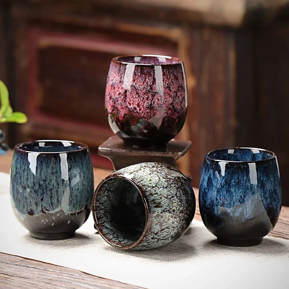 Japoński kubek do herbaty, zestaw ceramicznych filiżanek do herbaty, zestaw 4 ręcznie robionych filiżanek, wielokolorowe, emaliowane flambed, prezenty
