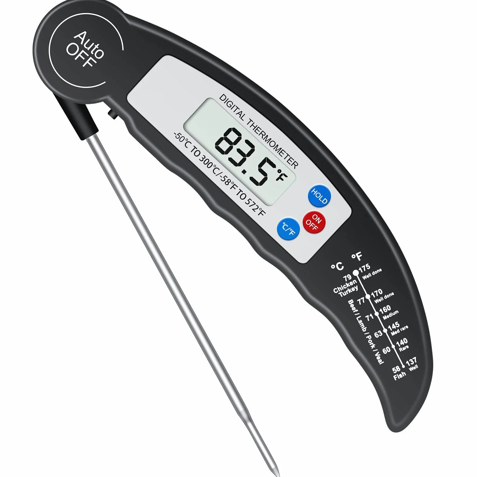 Flintronic Cyfrowy termometr do natychmiastowego odczytu mięsa, wysoka dokładność, °F/°C, automatyczne włączanie/wyłączanie, czarny, termometr kuchenny