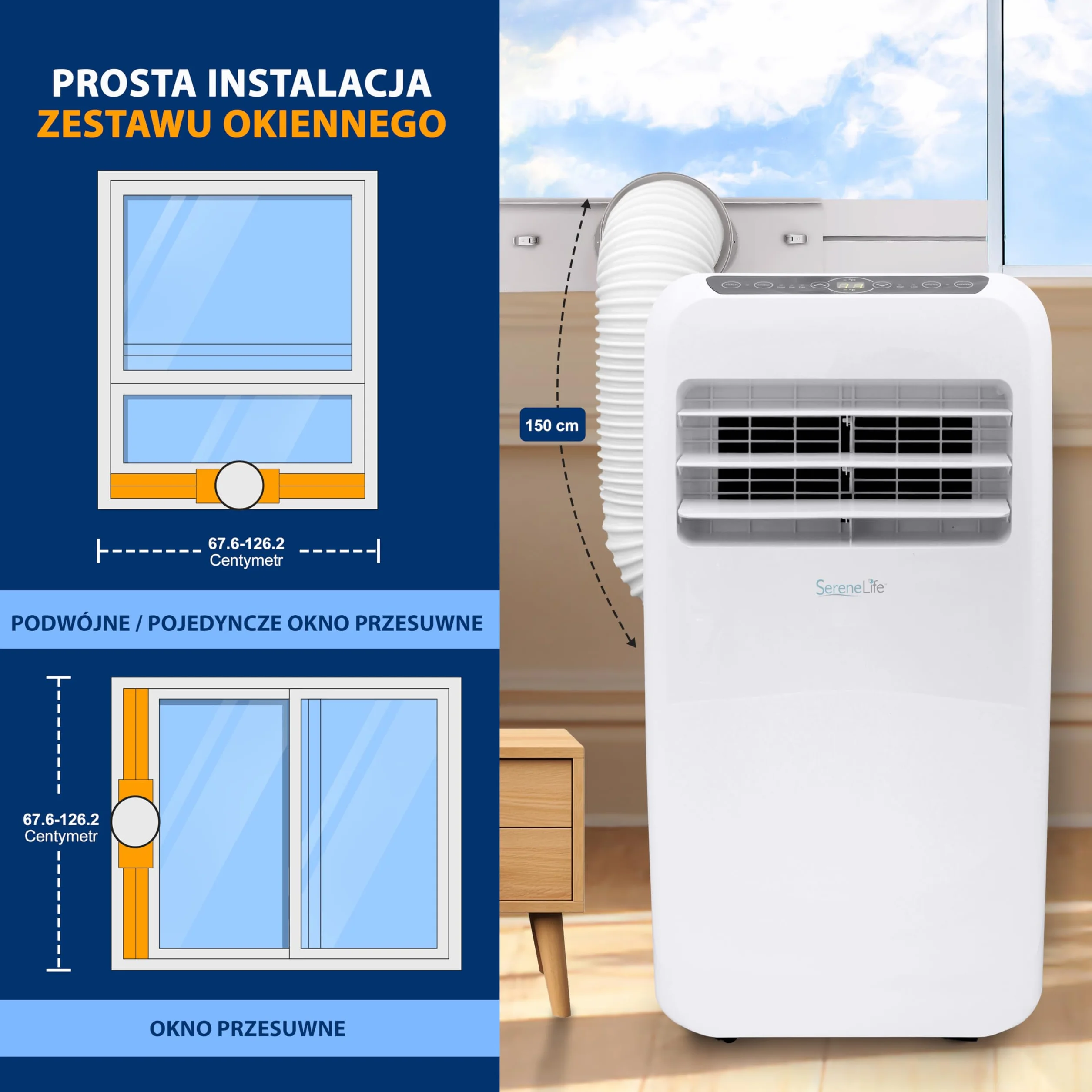 SereneLife Mobilny klimatyzator 3 w 1 z wężem wylotowym – chłodnica powietrza, osuszacz powietrza i wentylator, 9000 BTU, wilgotność 1,5 l na godzinę, chłodzi pomieszczenia do 42 m²