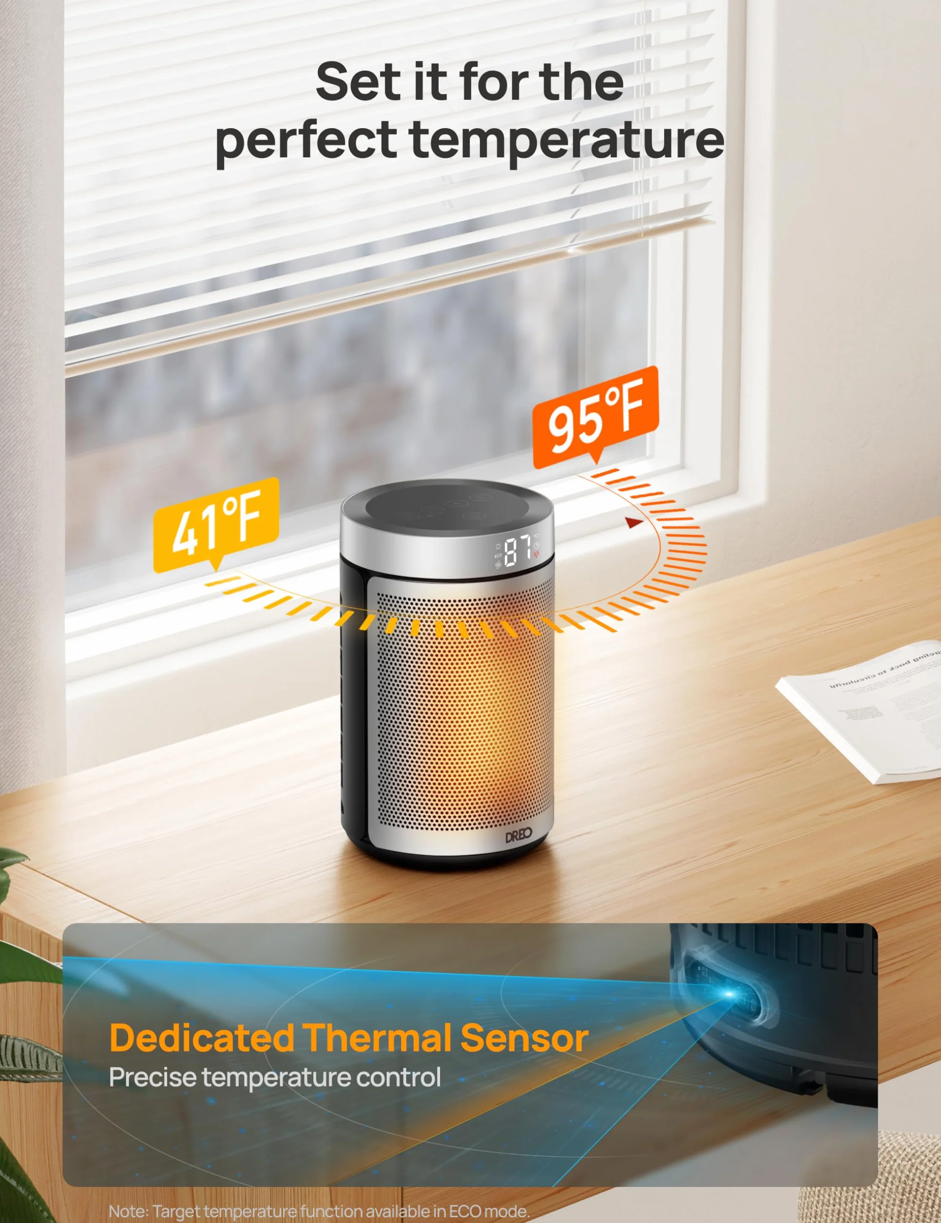 Dreo Atom 316 Energooszczędny termowentylator, 34 dB cichy 1500 W, elektryczny ceramiczny PTC, termostat, ochrona przed przegrzaniem i przewróceniem, timer 12 h, ogrzewanie elektryczne do pomieszczeń