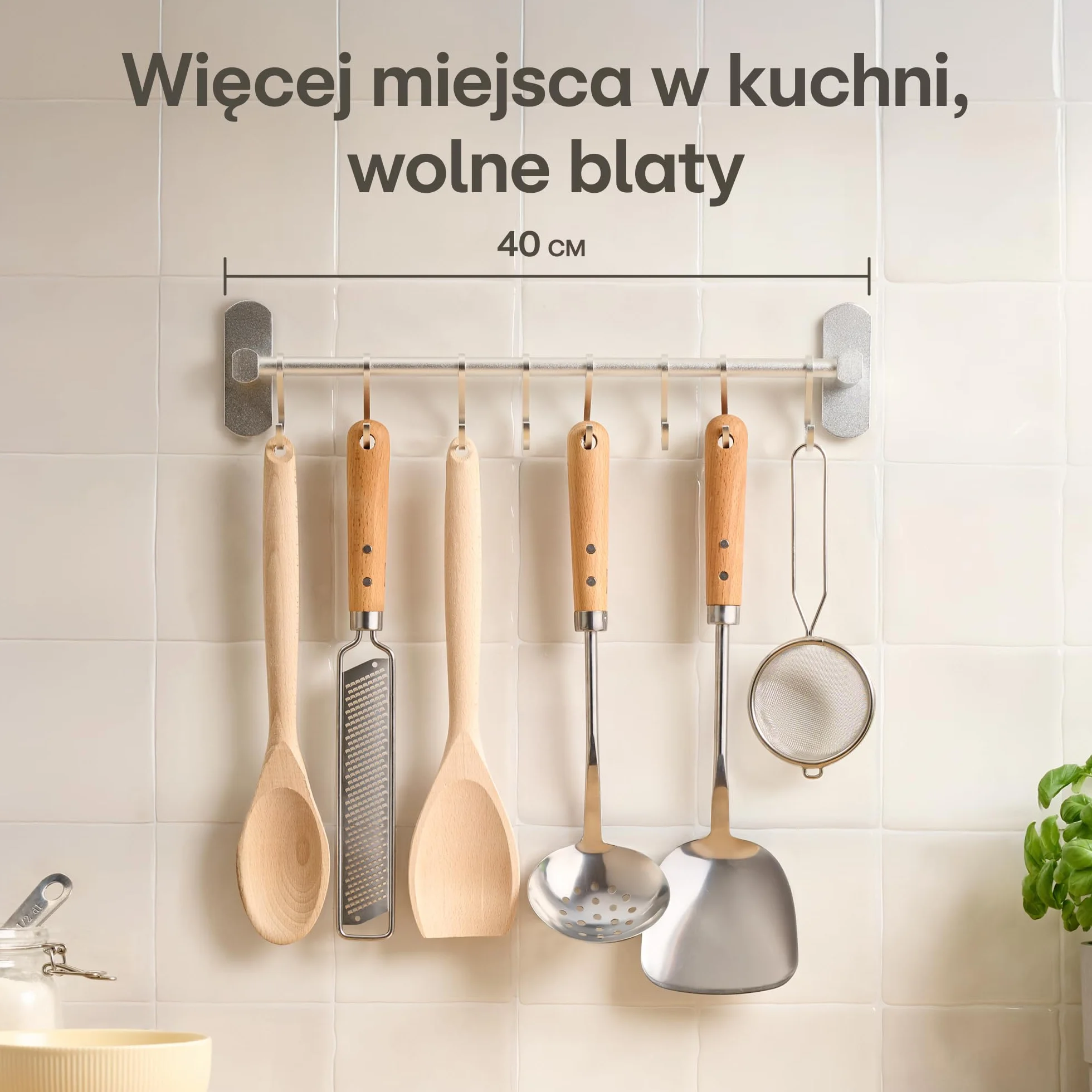 Listwa z haczykami na przybory kuchenne z 8 haczykami – bez wiercenia – samoprzylepna – 40 cm – regulowana