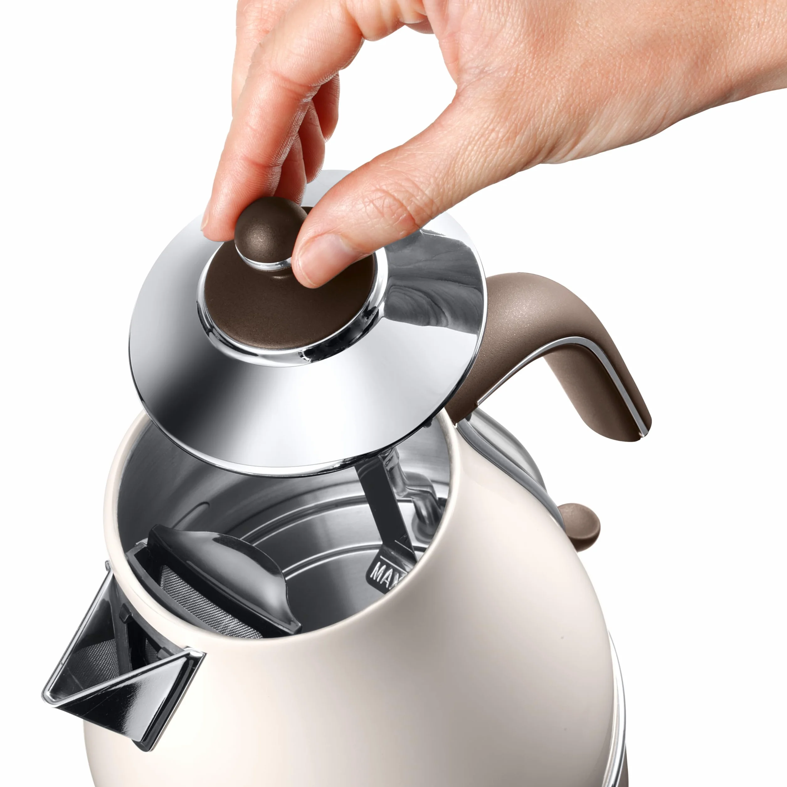 De'Longhi Czajnik elektryczny Icona Vintage KBOV2001.BG - 1,7 l ze wskaźnikiem poziomu wody i podstawą 360°, stal szlachetna w eleganckim stylu retro z chromowanymi detalami, beżowy