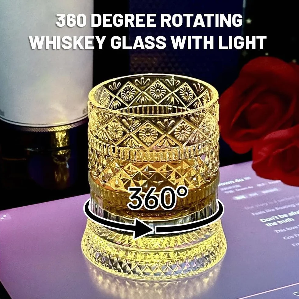 Obrotowa o 360° szklanka do whisky ze stabilną, odłączoną podstawką, wirujące kryształowe szklanki do whisky z podświetlaną podstawką, odprężający kubek do picia, prezent urodzinowy, walentynkowy dla