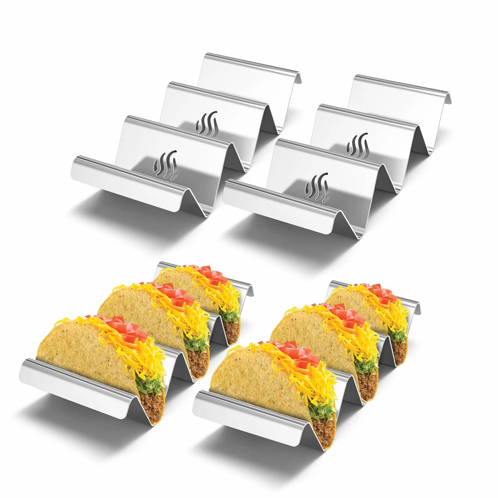 onlyfire Stojak na taco ze stali nierdzewnej, 4 solidne tacki na taco z uchwytami