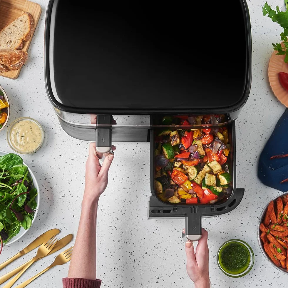 Russell Hobbs Frytkownica beztłuszczowa 9L Air Fryer [dwie komory/strefy, 9 programów] Satisfry (szuflady można myć w zmywarce, maks. 200℃, niski poziom hałasu, pieczenie bez oleju, 2800W) 27681-56