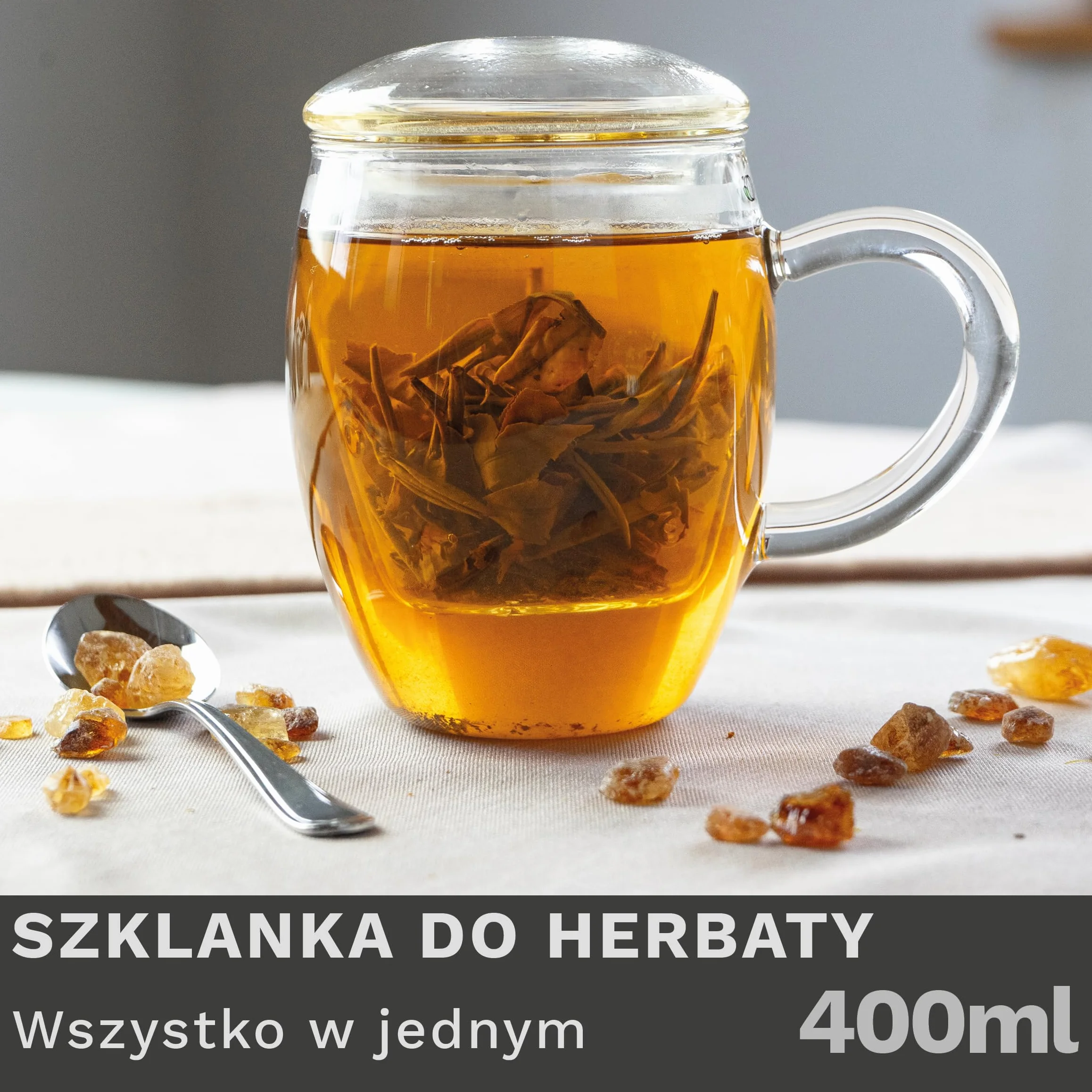 Creano Szklanka do herbaty All in one, duża filiżanka do herbaty z sitkiem i pokrywką ze szkła, 400 ml, idealny zaparzacz do herbaty