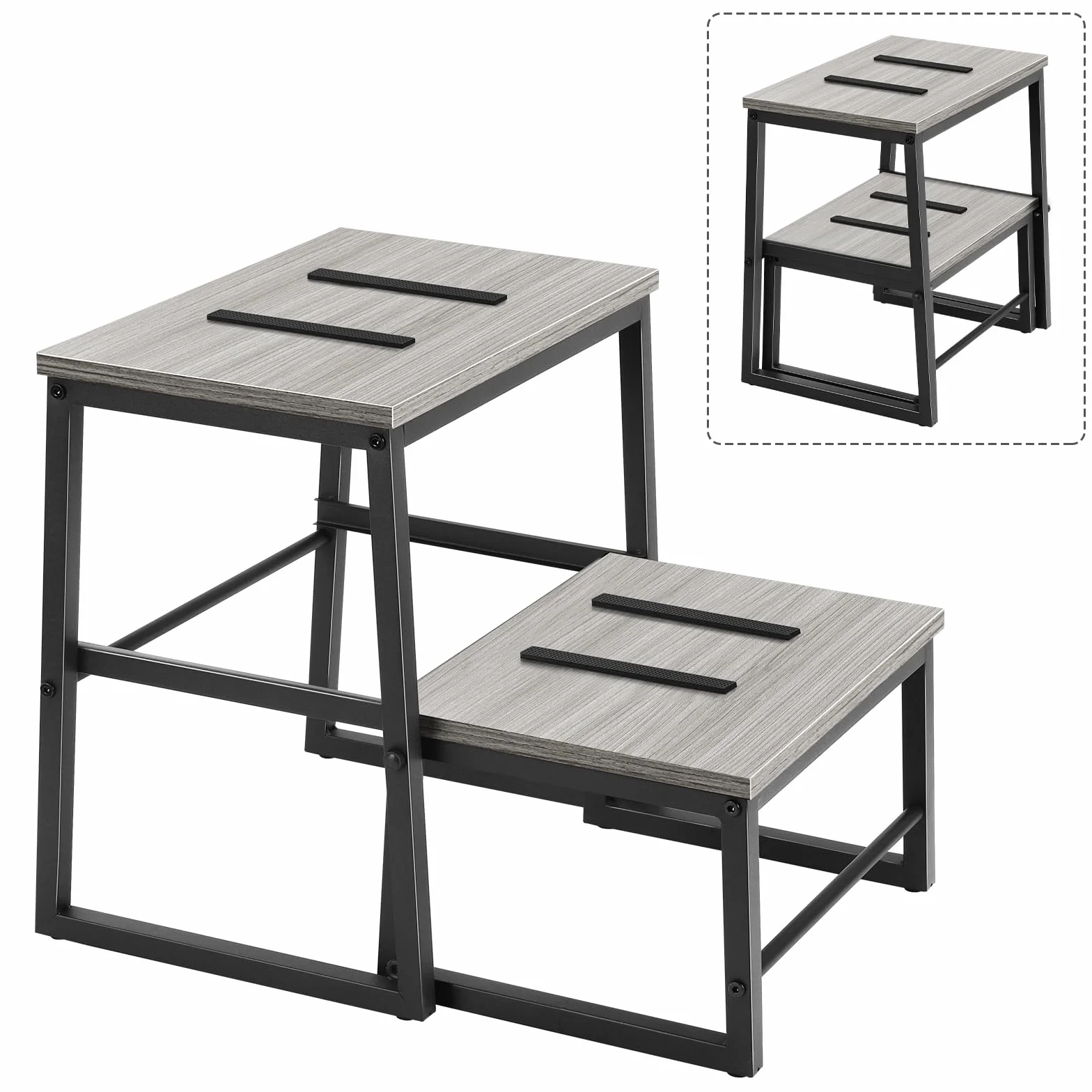 LIANTRAL 2 w 1 taboret ze schodkiem dla dorosłych i dzieci, 2 poziomy, drewniany taboret o nośności 160 kg, metalowa rama, podnóżek do łóżka piętrowego, antypoślizgowy taboret do kuchni, biura, zamek