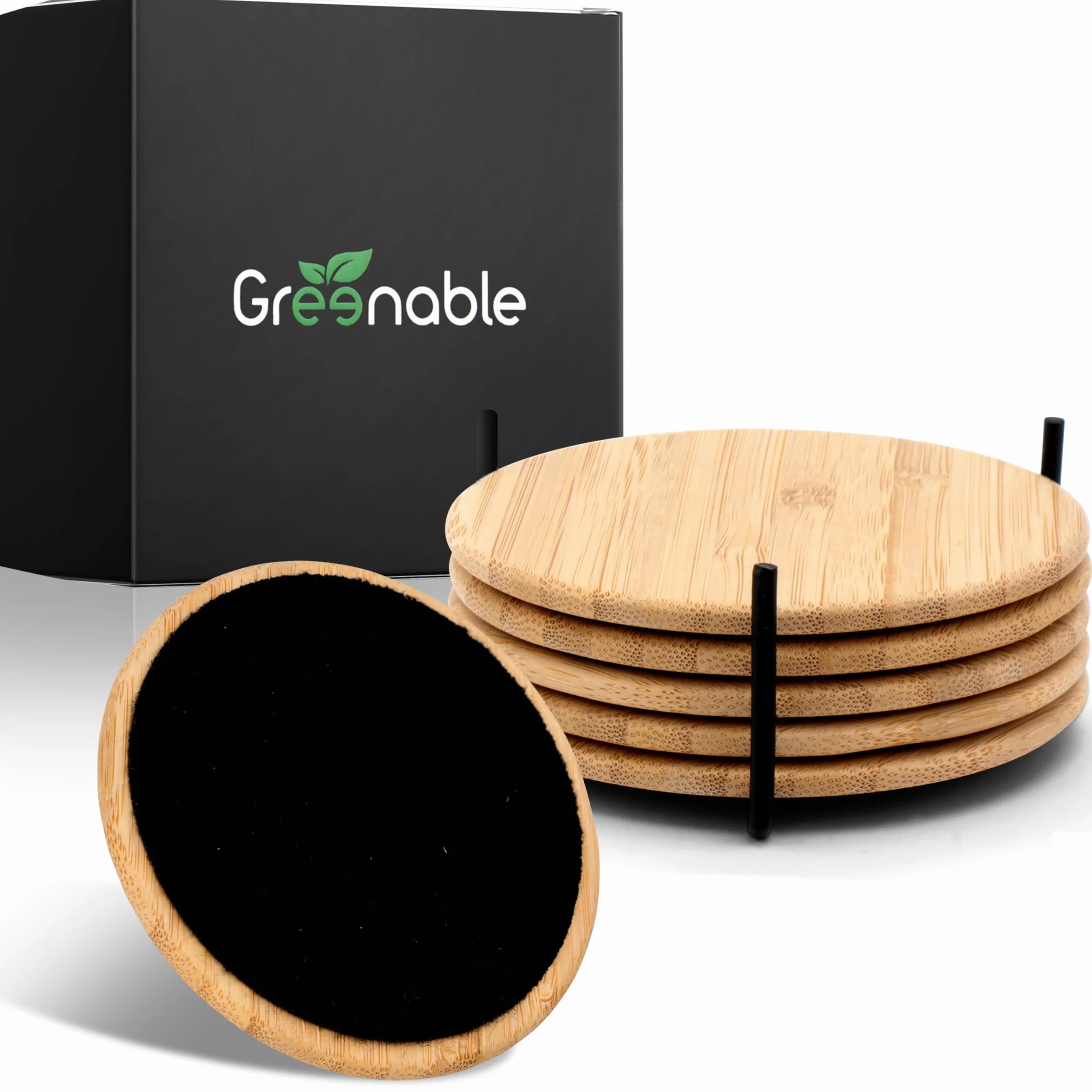 NOWOŚĆ: Greenable ® podkładki z bambusa i filcu [6 szt.] w zestawie z luksusowym uchwytem – designerskie podkładki pod szklanki w kolorze czarnym – dwustronne i z efektem antyhaftowym – podkładki pod