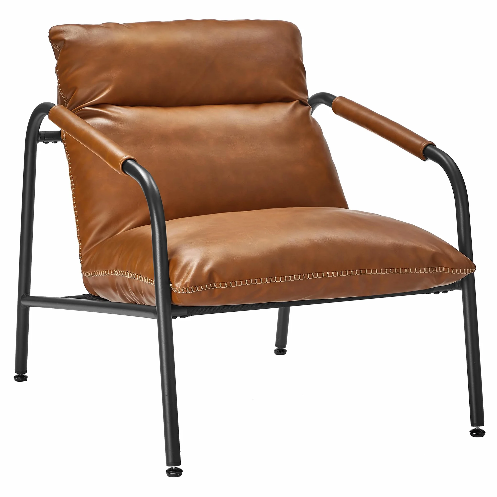 VASAGLE EKHO Kolekcja - Fotel do salonu, Fotel akcentujący z podłokietnikami, Metalowa rama, PU z przeszyciami, Modern Mid-Century, do sypialni, Czytelni, Salonu, Karmelowy brąz LAC014K01