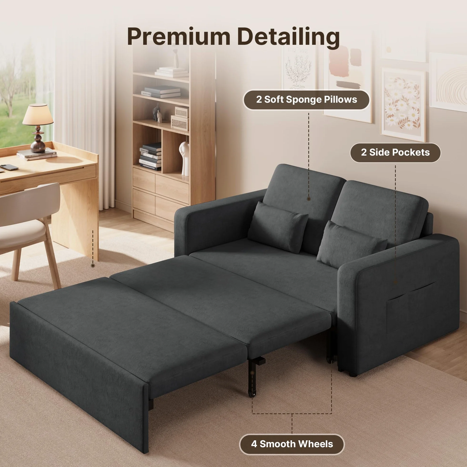 Xbro Sofa z funkcją spania 147 x 196 x 87 cm, sofa z funkcją spania 2-osobowa, wysuwana na 4 kółkach, nowoczesny welurowy materiał, Ciemnoszara
