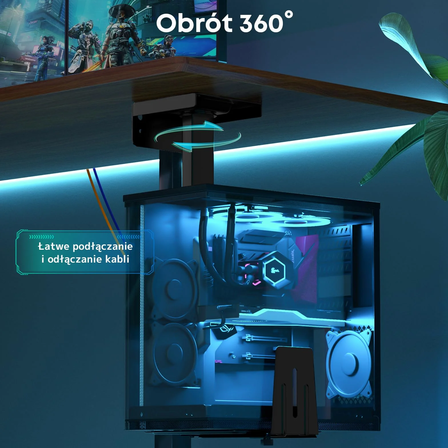 Support-PC Pod Biurko - Regulowany Wysokości i Szerokości, Obrót 360°, Do 30 kg, Dla Obudów PC, Czarny