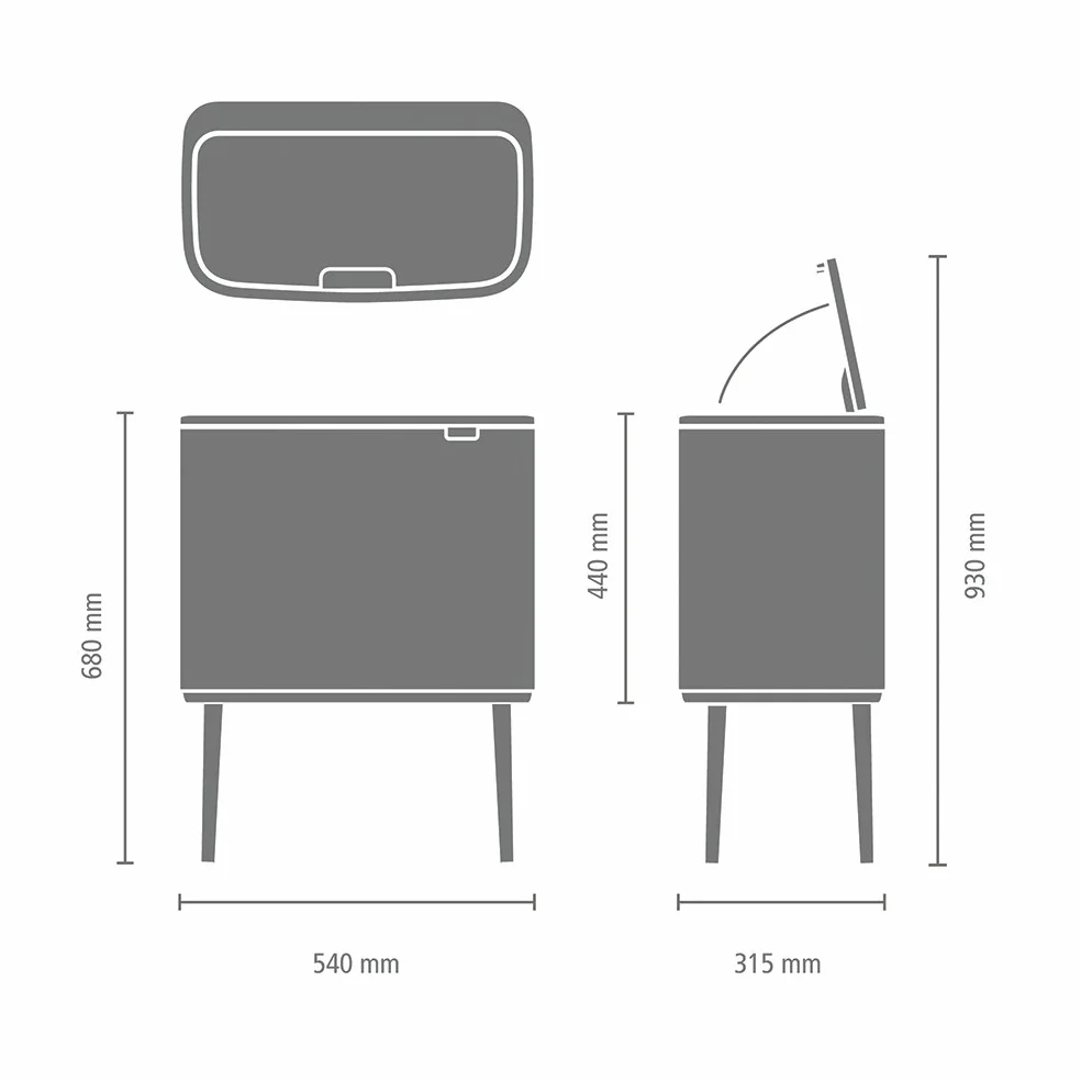 Brabantia - Bo Touch Bin 23+11L - Duży Kosz na Śmieci do Kuchni - Otwieranie Soft-Touch - Podwójny Kosz z Wyjmowanymi Wewnętrznymi Wiadrami - Dołączone Worki na Śmieci - Platinum - 54 x 31 x 68 cm