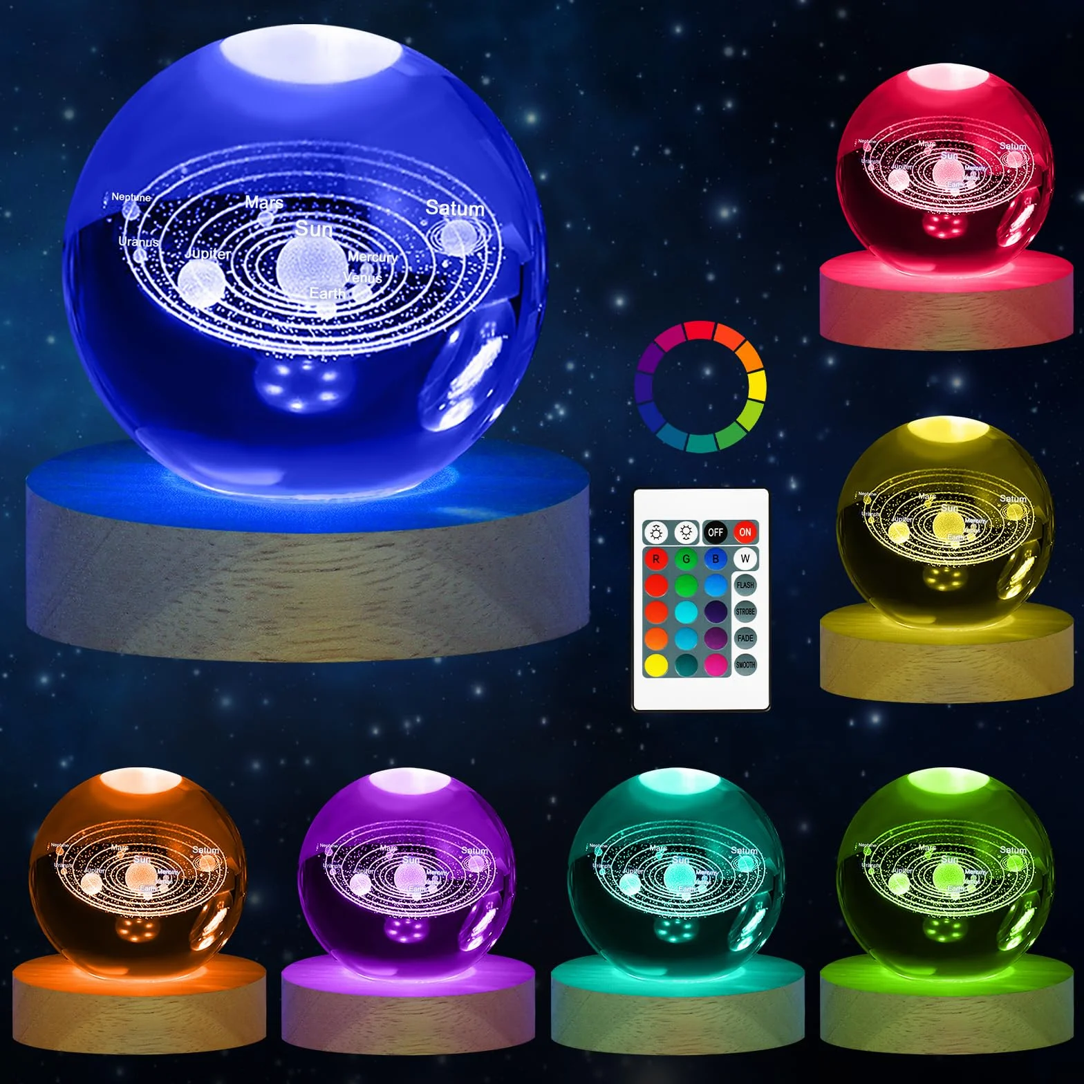 HOTUT Kryształowa kula 3D z 16 kolorami, drewniana podstawa, pilot zdalnego sterowania, lampka nocna LED