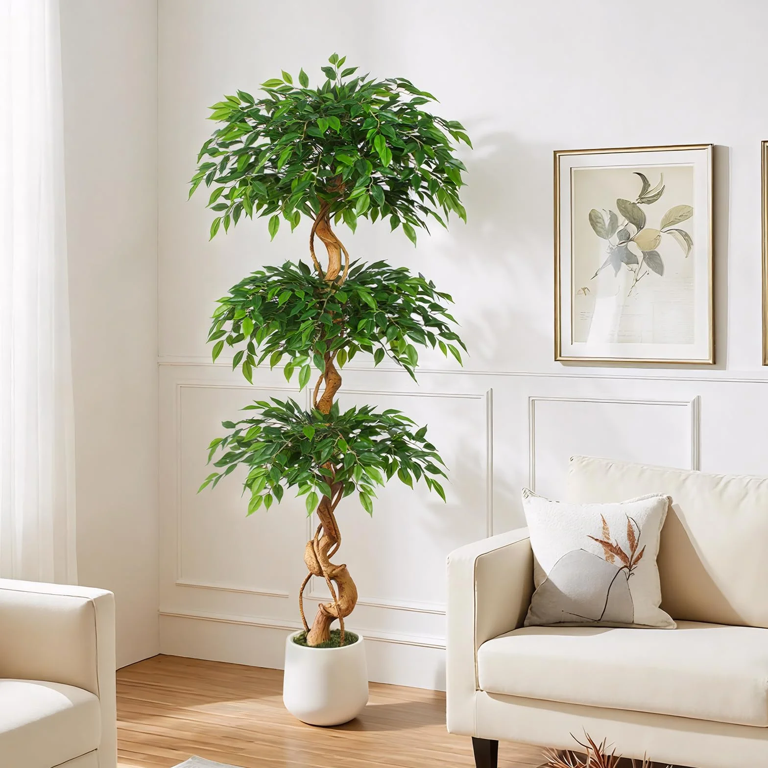 Sztuczna roślina Ficus, 180 cm, z białą doniczką, duże jak prawdziwe, z zakrzywionym pniem i 1860 liśćmi, sztuczne drzewo do dekoracji wnętrz, salonu, sypialni, biura, ogrodu, domu