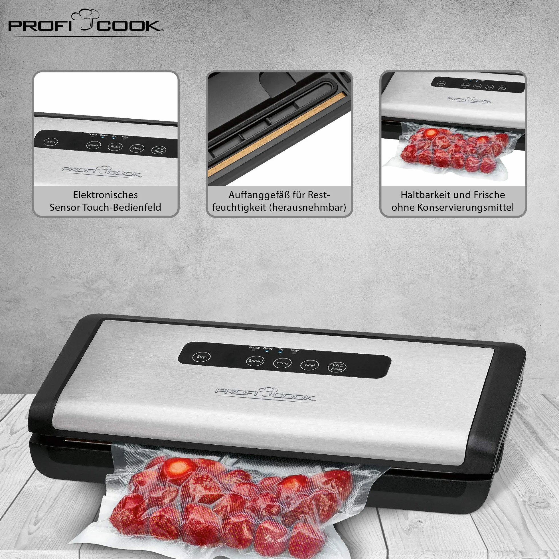 Proficook PC-VK 1146 Automatyczne Urządzenie Do Pakowania Próżniowego z Elektronicznym Czujnikiem Dotykowym, 120 W, Stal Szlachetna, Czarny/Srebrny