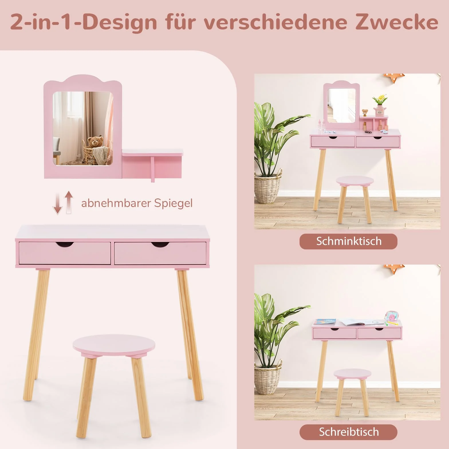 COSTWAY Zestaw toaletki dziecięcej 2 w 1, biurko i taboret ze zdejmowanym lustrem, 2 szuflady, grzebień, komoda do makijażu, drewniana dla dziewczynek w wieku 3-7 lat (różowy)