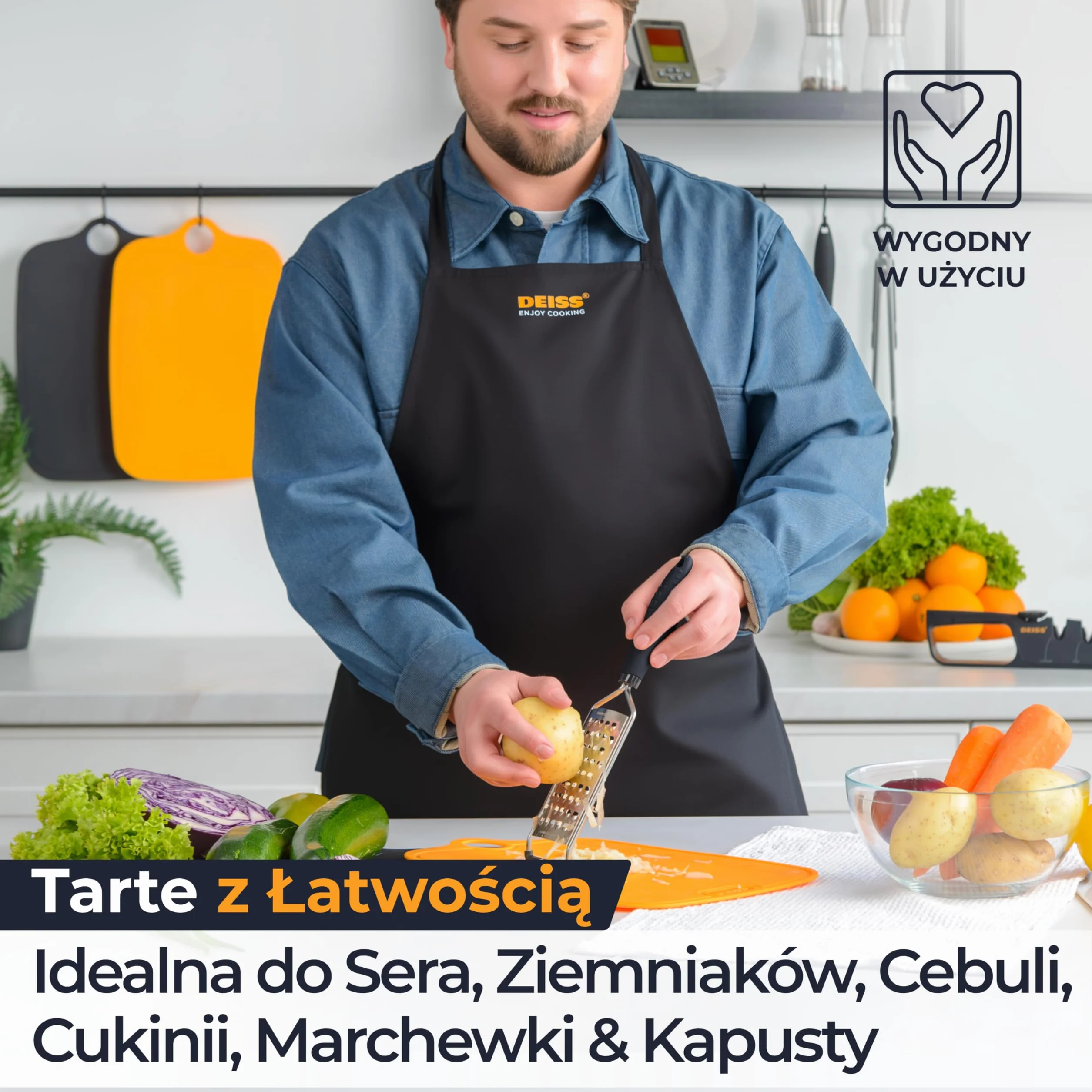 Tarka Gruboziarnista Deiss PRO i Ręczna Tarka do Sera – Ostro Ząbkowane Ostrza ze Stali Nierdzewnej, Antypoślizgowy Uchwyt, Tarka i Szatkownica do Warzyw, Nadaje się do Zmywarki
