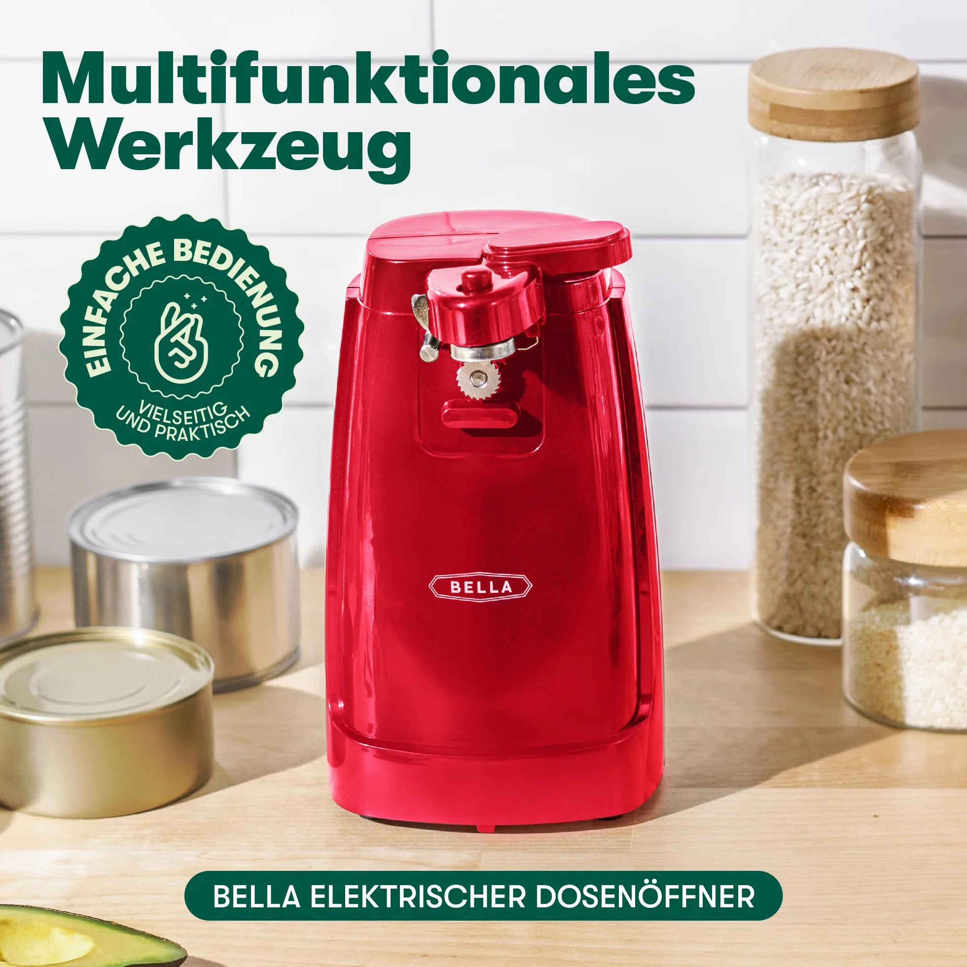 BELLA Elektryczny otwieracz do puszek z wbudowaną ostrzałką do noży, otwieraczem do butelek i słoikami, wielofunkcyjny gadżet ze zdejmowaną dźwignią i schowkiem na kabel, ostrzem ze stali nierdzewnej,