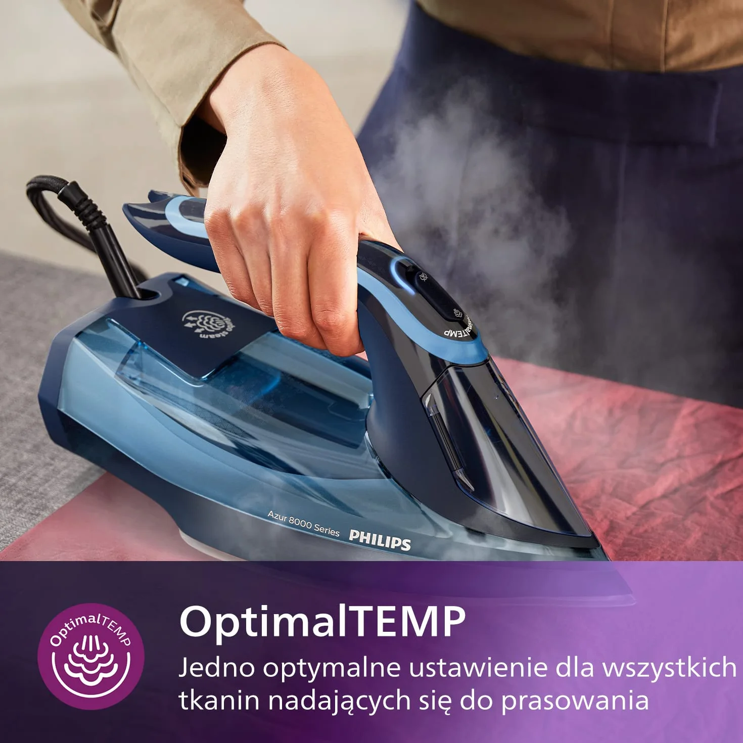 Philips Żelazko Parowe Azur z Serii 8000-55 g/min Ciągłej Pary, 240 g Steam Boost, 3000 W, Technologia OptimalTEMP, SteamGlide Elite, Light Blue (DST8020/20)