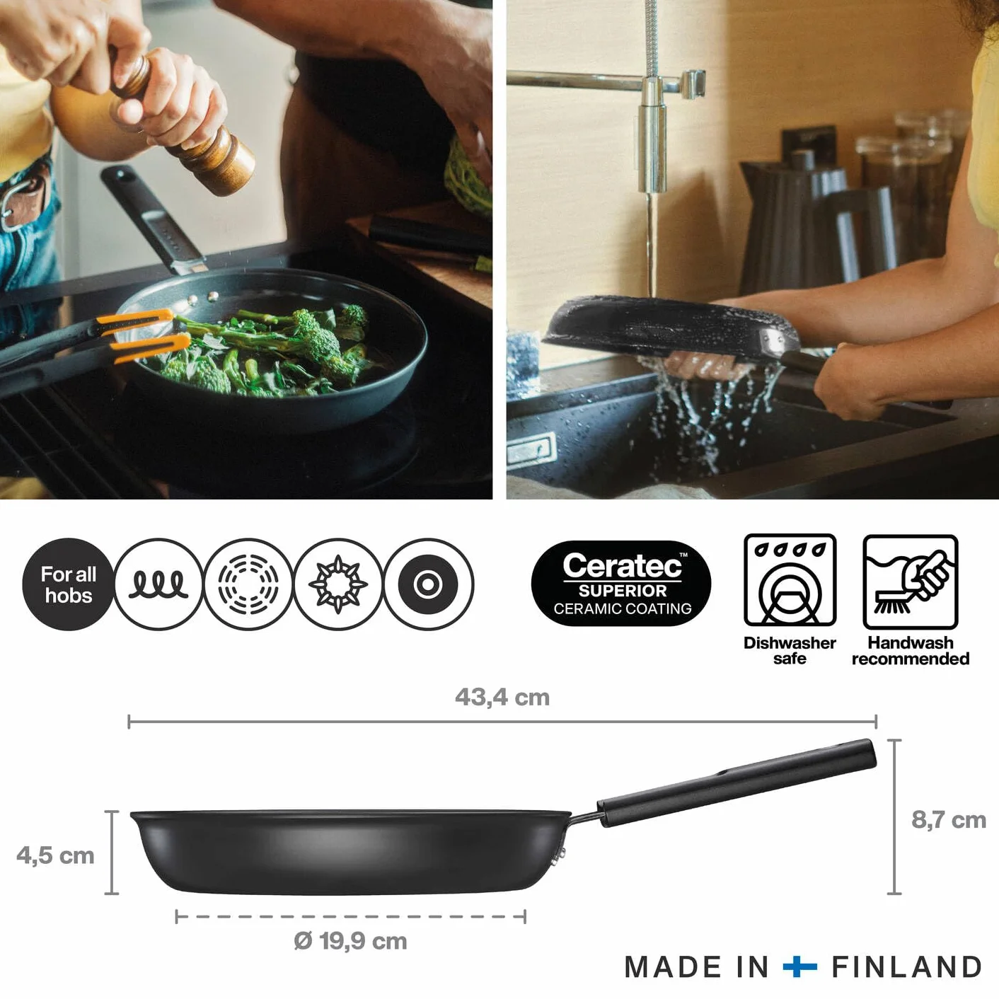 Fiskars Patelnia, Hard Face, średnica 24 cm, odpowiednia do wszystkich płyt grzewczych, powłoka nieprzywierająca, odporna na zarysowania, aluminium/plastik, czarna, 1075458