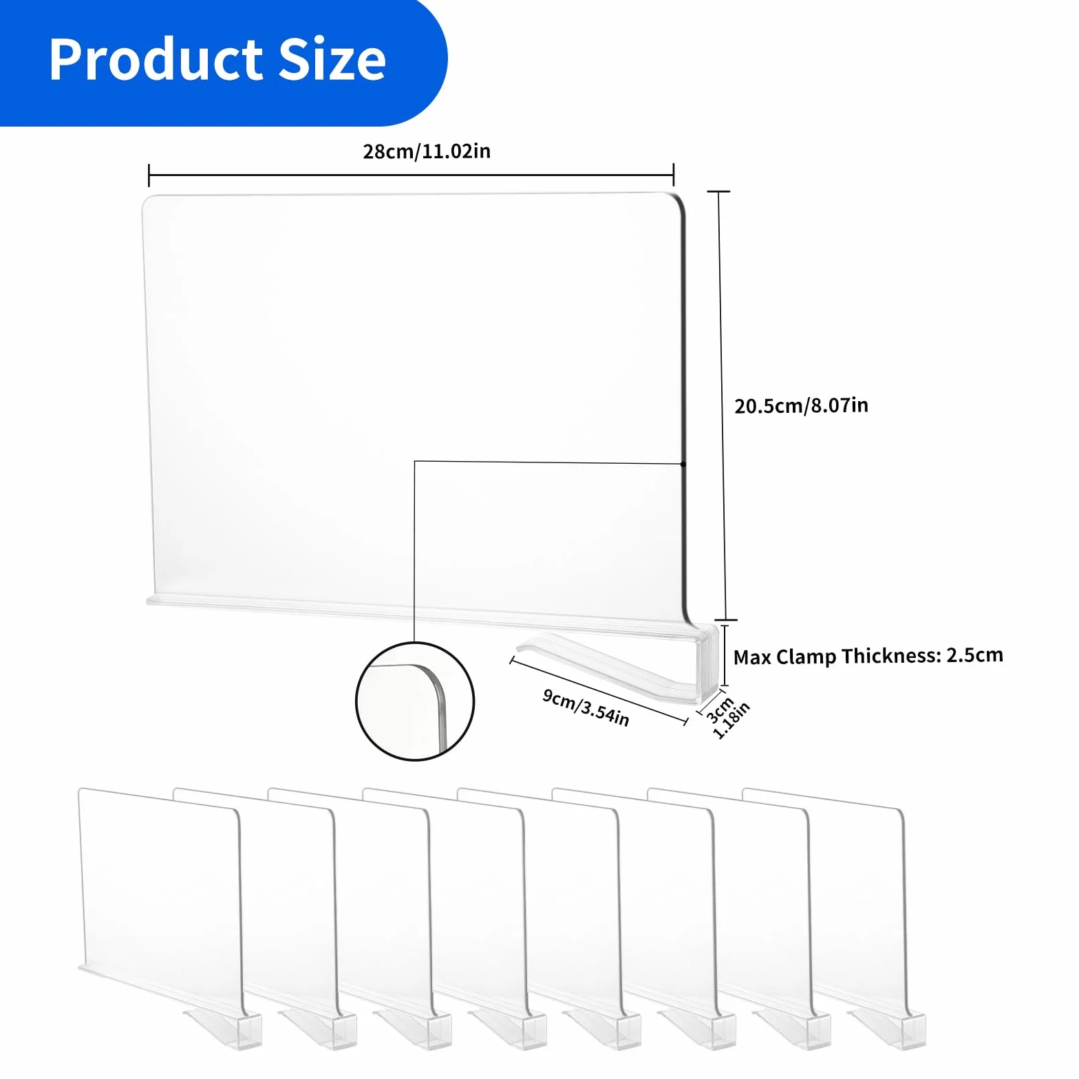 8 Separatorów Półek - Przezroczyste Akrylowe Separatory - Wielofunkcyjny Dzielnik Półek, 30×20cm, z Akrylu, wielofunkcyjne do szafy, regału i szafek
