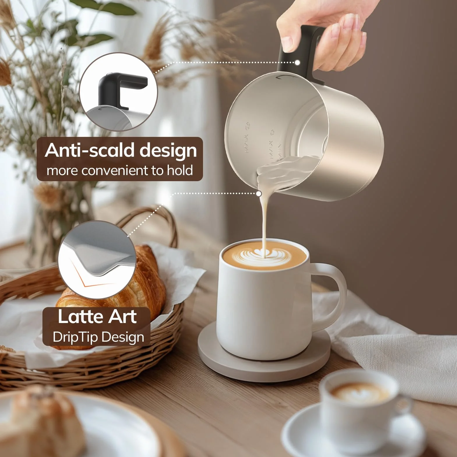 Elektryczny spieniacz do mleka, morpilot Milk Frother ze stali nierdzewnej, funkcja 6 w 1, pojemność 250 ml Cappuccino lub 500 ml ciepłe mleko, rozdzielony, czarny