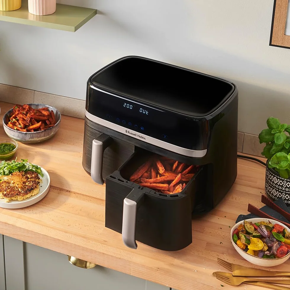 Russell Hobbs Frytkownica beztłuszczowa 9L Air Fryer [dwie komory/strefy, 9 programów] Satisfry (szuflady można myć w zmywarce, maks. 200℃, niski poziom hałasu, pieczenie bez oleju, 2800W) 27681-56