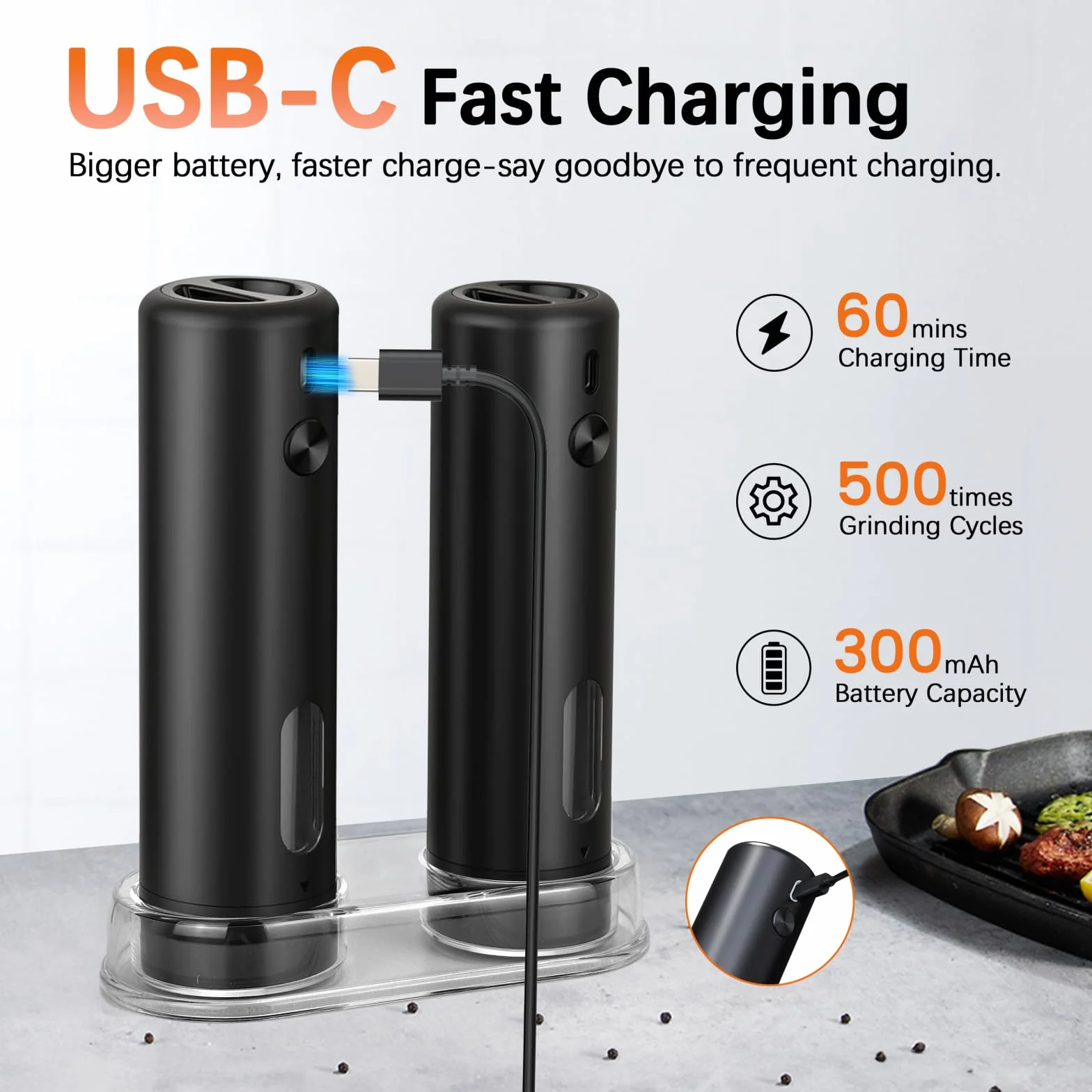 MERTTURM Elektryczny młyn do pieprzu USB 110ml regulacja grubości mielenia 2 szt.