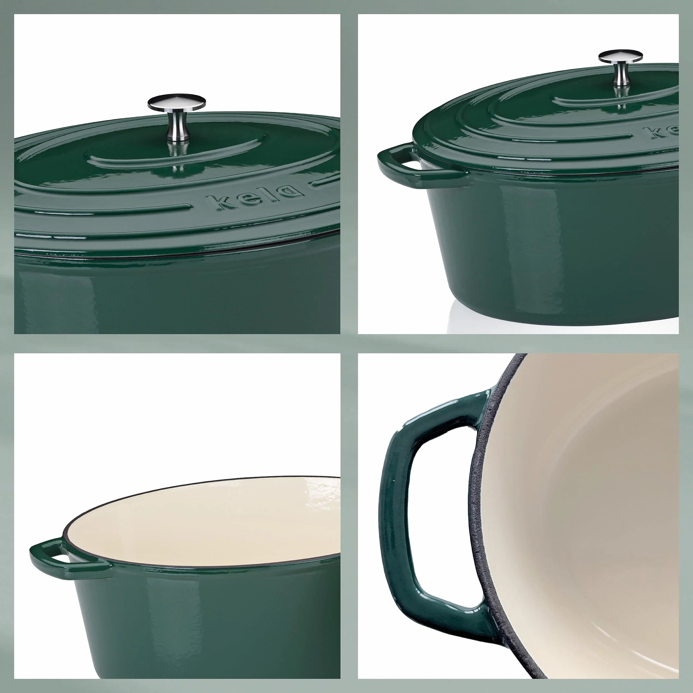 kela Garnek żeliwny owalny 9,3 litra, Dutch Oven CALIDO, indukcyjna brytfanna żeliwna z pokrywką, żeliwny garnek do pieczenia chleba, emaliowany, zielony