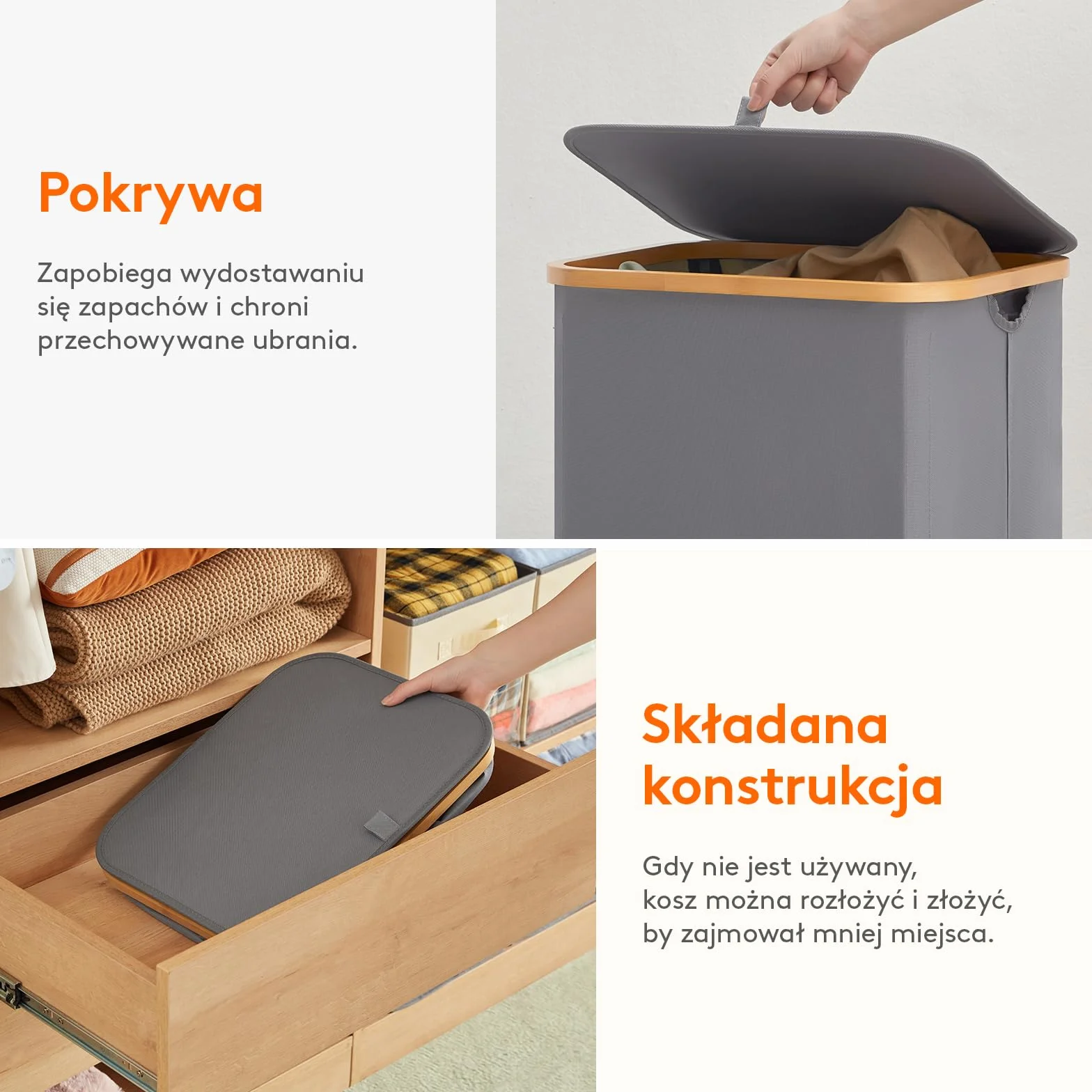 Lifewit 100L Kosz na pranie z pokrywką, koszyk na brudne ubrania z bambusowymi uchwytami i wyjmowana torbą, duży składany koszyk do prania do sypialni, łazienki, sali studenckiej, pralni, szary