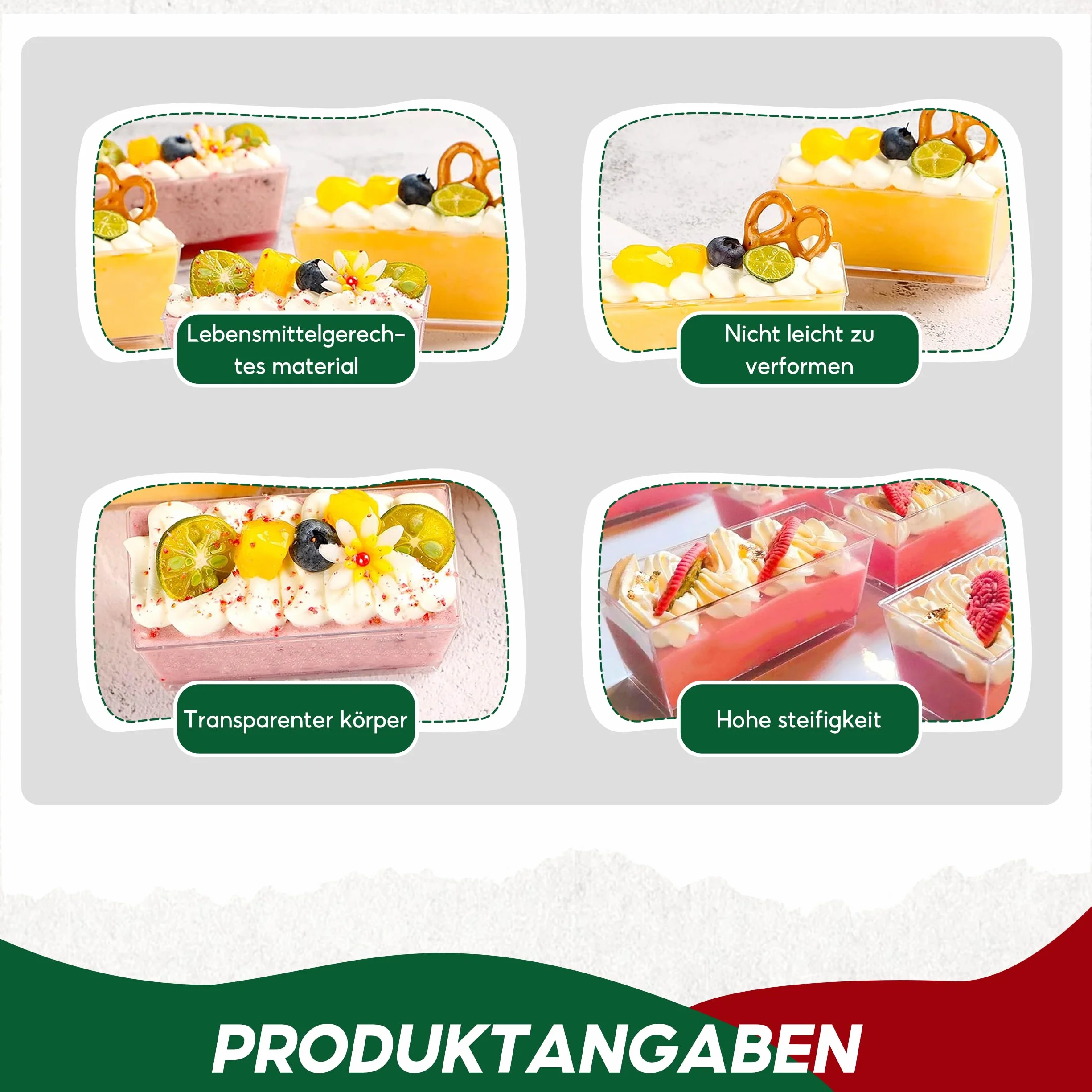 30 Sztuk Plastikowych Kubków Deserowych, Prostokątne, Przezroczyste Miseczki Deserowe, Wielokrotnego Użytku, Kwadratowe Kubki Deserowe, do Deserów, Puddingu, 140 ml, Materiał PS