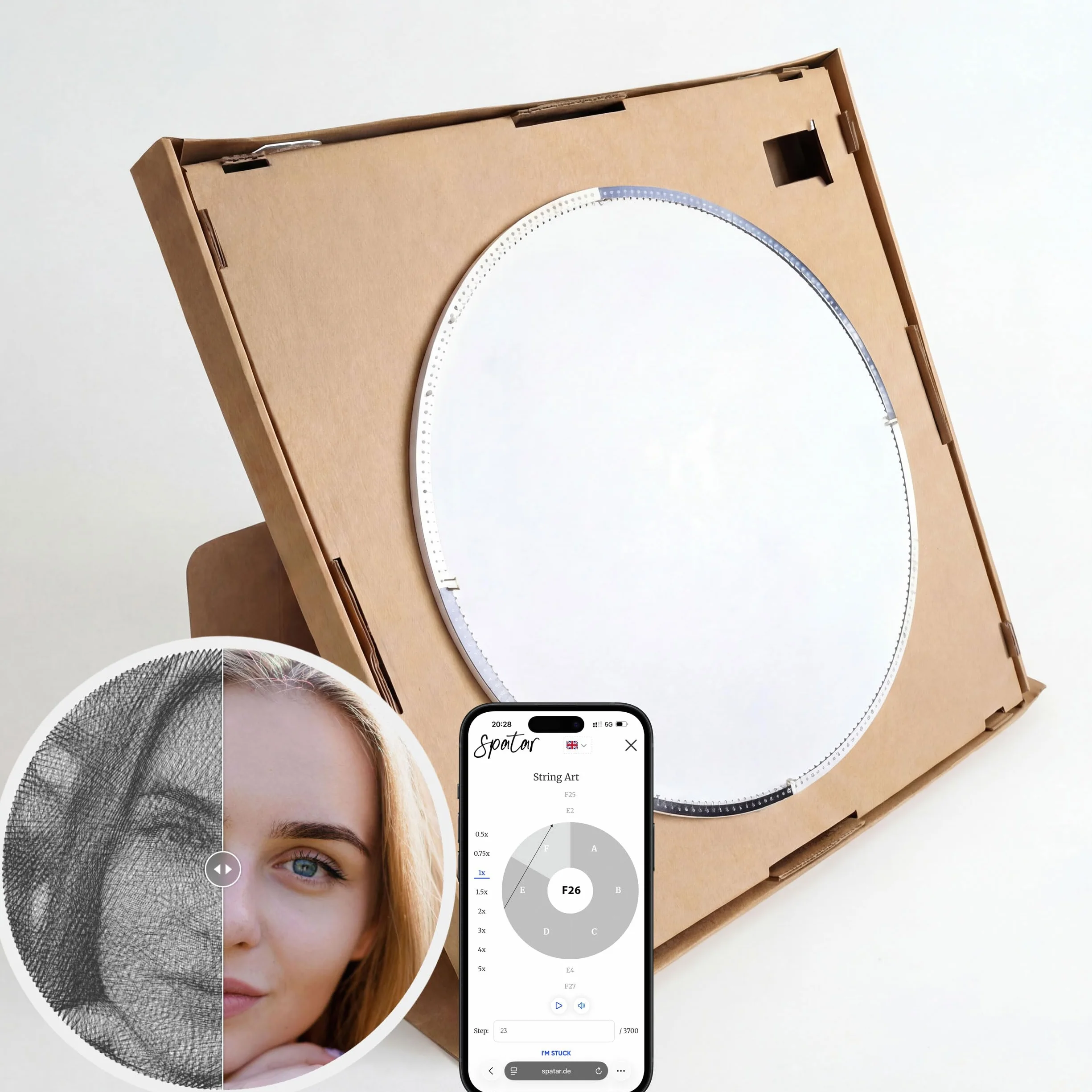 Spatar String Art DIY Kit Circle M – spersonalizowany obraz na nici z własnego zdjęcia – kreatywny obraz ścienny do samodzielnego wykonania – pomysł na prezent – Ø 45 cm