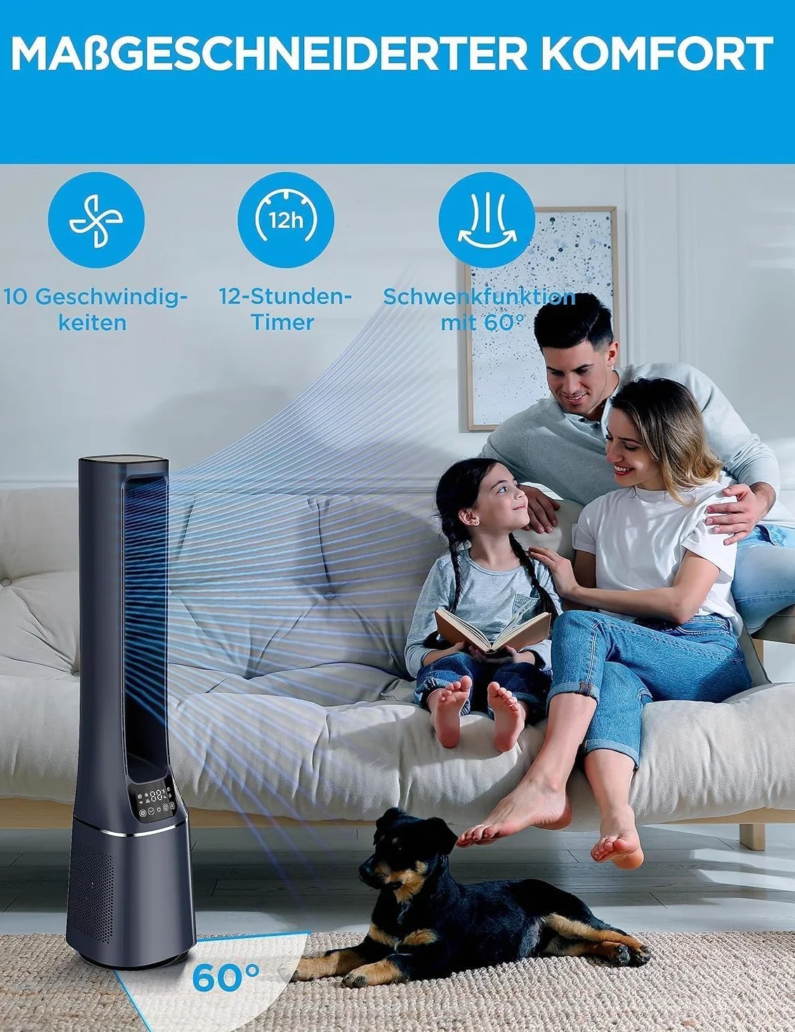 Midea MFP-120i (BL) wentylator kolumnowy 2 w 1, cichy, 38 dB, oczyszczacz powietrza, H13, True HEPA na wyświetlaczu LED 47,6 ㎡, pilot zdalnego sterowania, oscylacja, timer 12 h, kompatybilny z