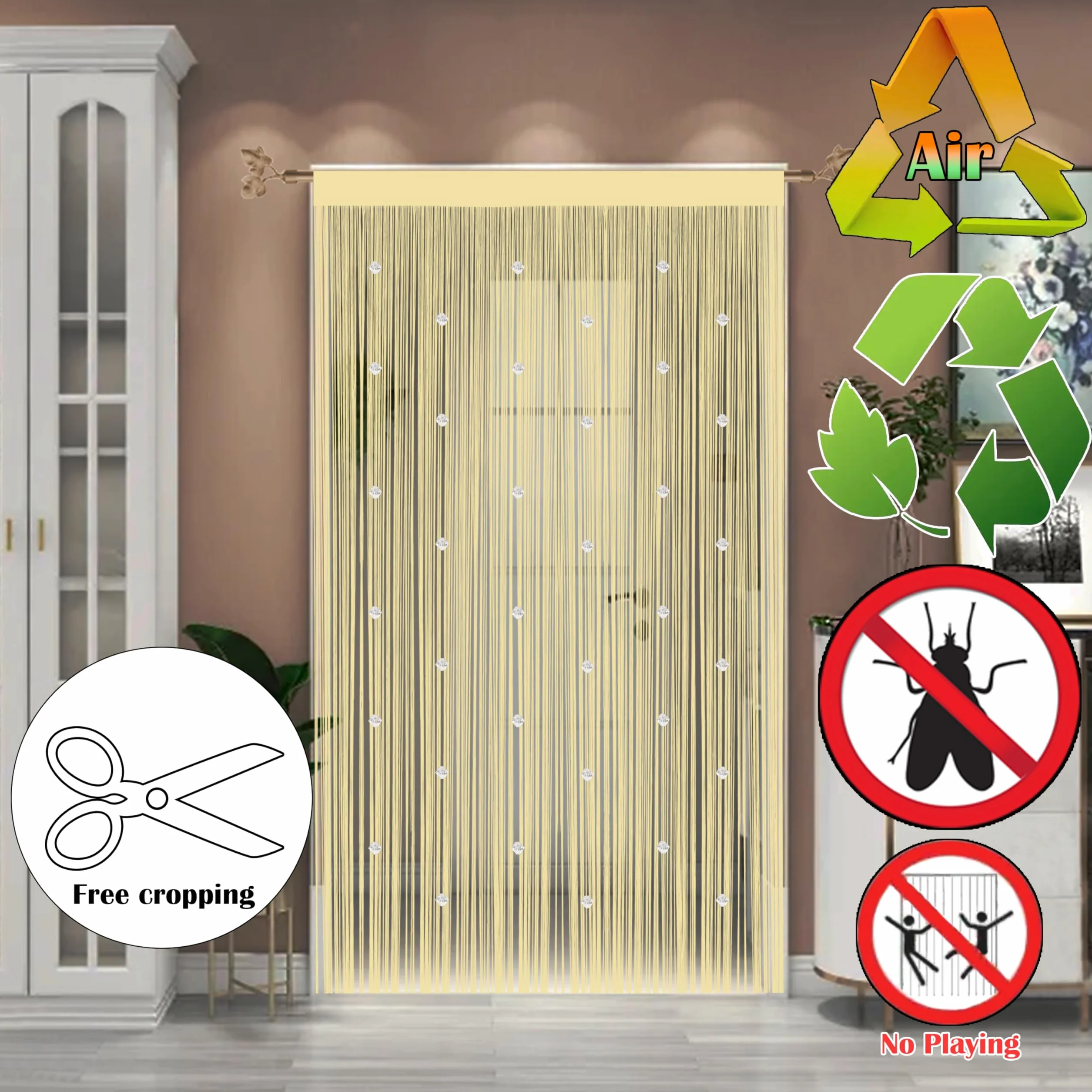 Taiyuhomes Moskitiera z koralikami, moskitiera, do drzwi, zasłona z koralikami, zasłony sznurkowe, do drzwi, dekoracje okienne, ścianka działowa, pojedyncze drzwi, koraliki (beżowe, 90 x 200 cm)