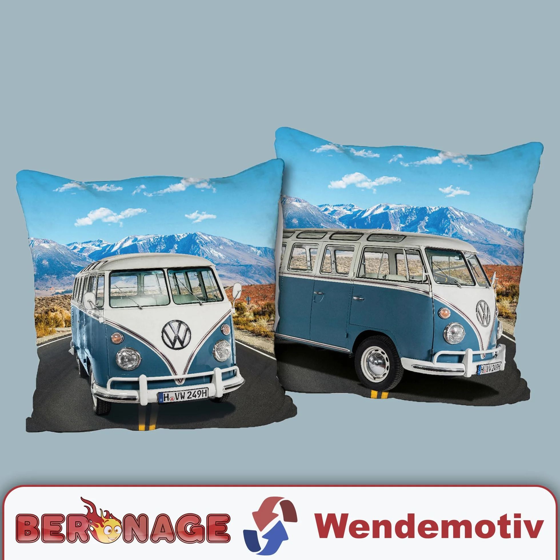 VW Volkswagen T1 dwustronna poduszka – niebieska, 40 x 40 cm, poduszka Bulli z 2 motywami, poszewka na poduszkę do kampera, idealna na sofę i łóżko, akcesoria do mieszkania, poduszka dekoracyjna, na