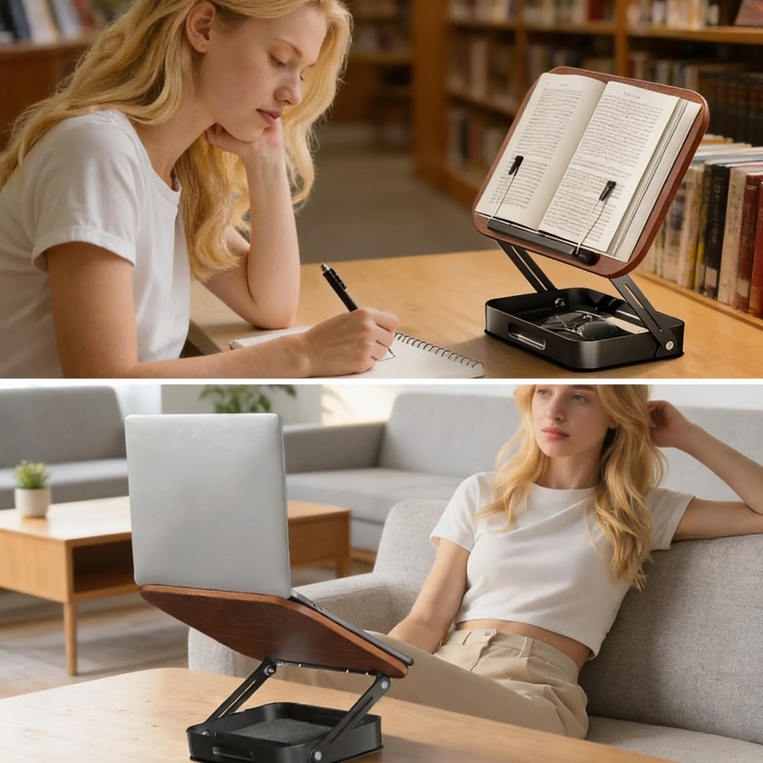 Drewniany stojak na książki – 34 x 23,5 cm, obrotowy uchwyt na książki z regulacją wysokości, podstawa obracana o 360° z praktycznym miejscem do przechowywania, na akcesoria biurkowe, stojak na nuty