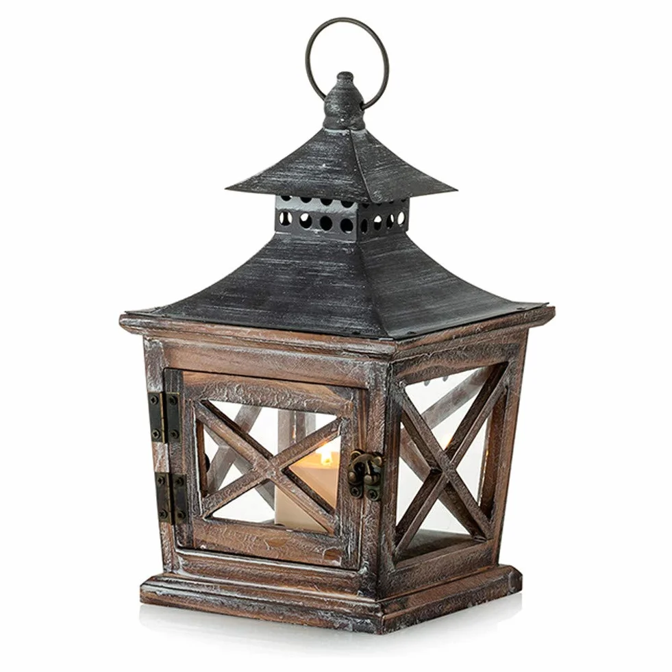 Nuptio Drewniana latarnia na świece: Latarnie stare świece wewnętrzne, metalowe świeczniki i szkło na Halloween, do salonu, kominek centrów stołowych ornamenty, wysokość 27 cm