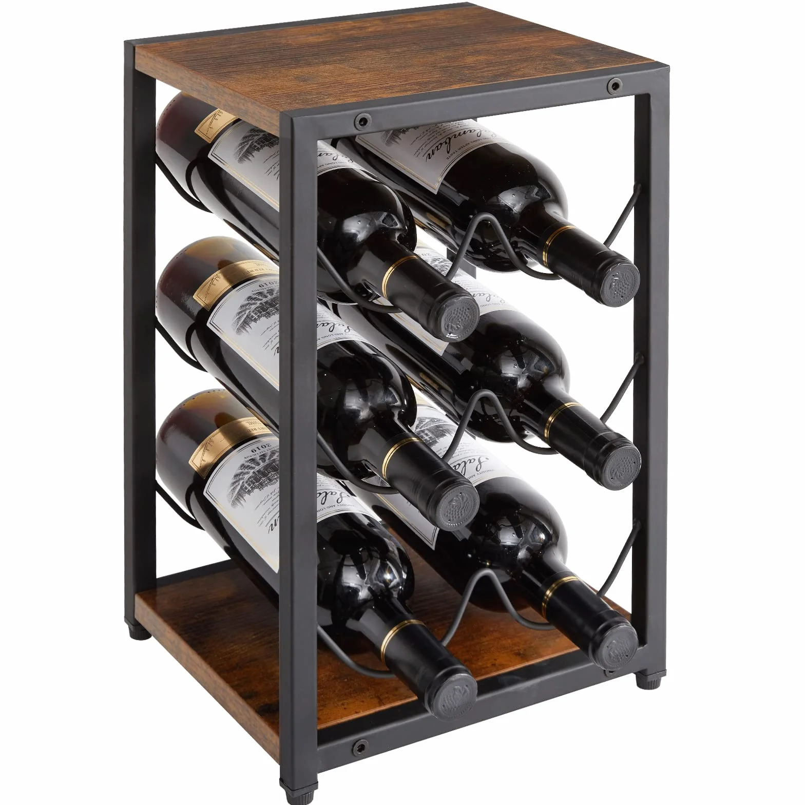 IBUYKE Metalowy stojak na wino, 6 butelek, wolnostojący uchwyt do przechowywania wina, 3-poziomowy uchwyt na butelki vintage, półka do przechowywania, do szafki, blatu