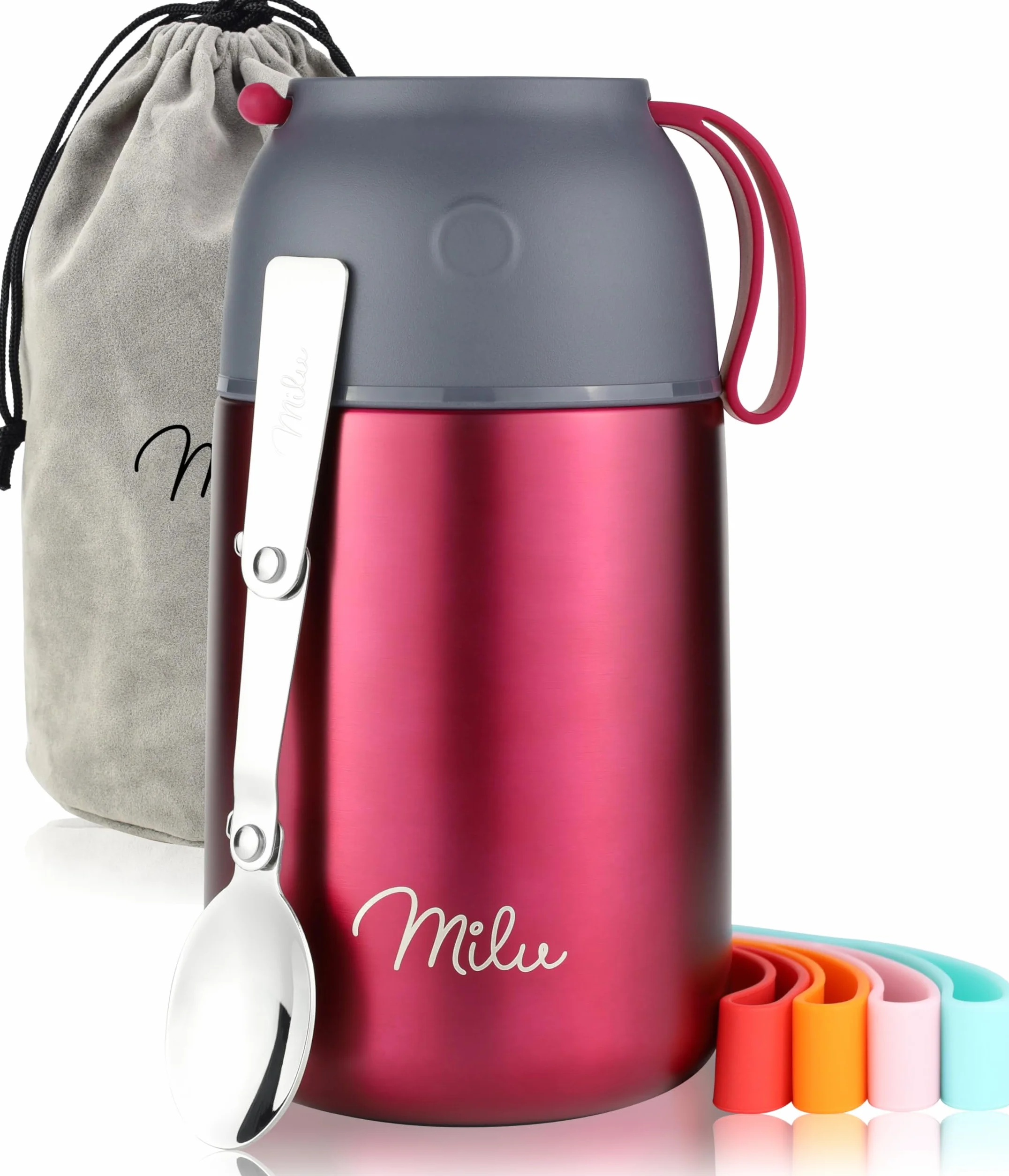 Milu® termos obiadowy 450, 650 ml, ze stali nierdzewnej, na żywność dla niemowląt, utrzymujący ciepło jedzenia, na musli, na wynos, jagodowy, 650 ml, możliwość personalizacji